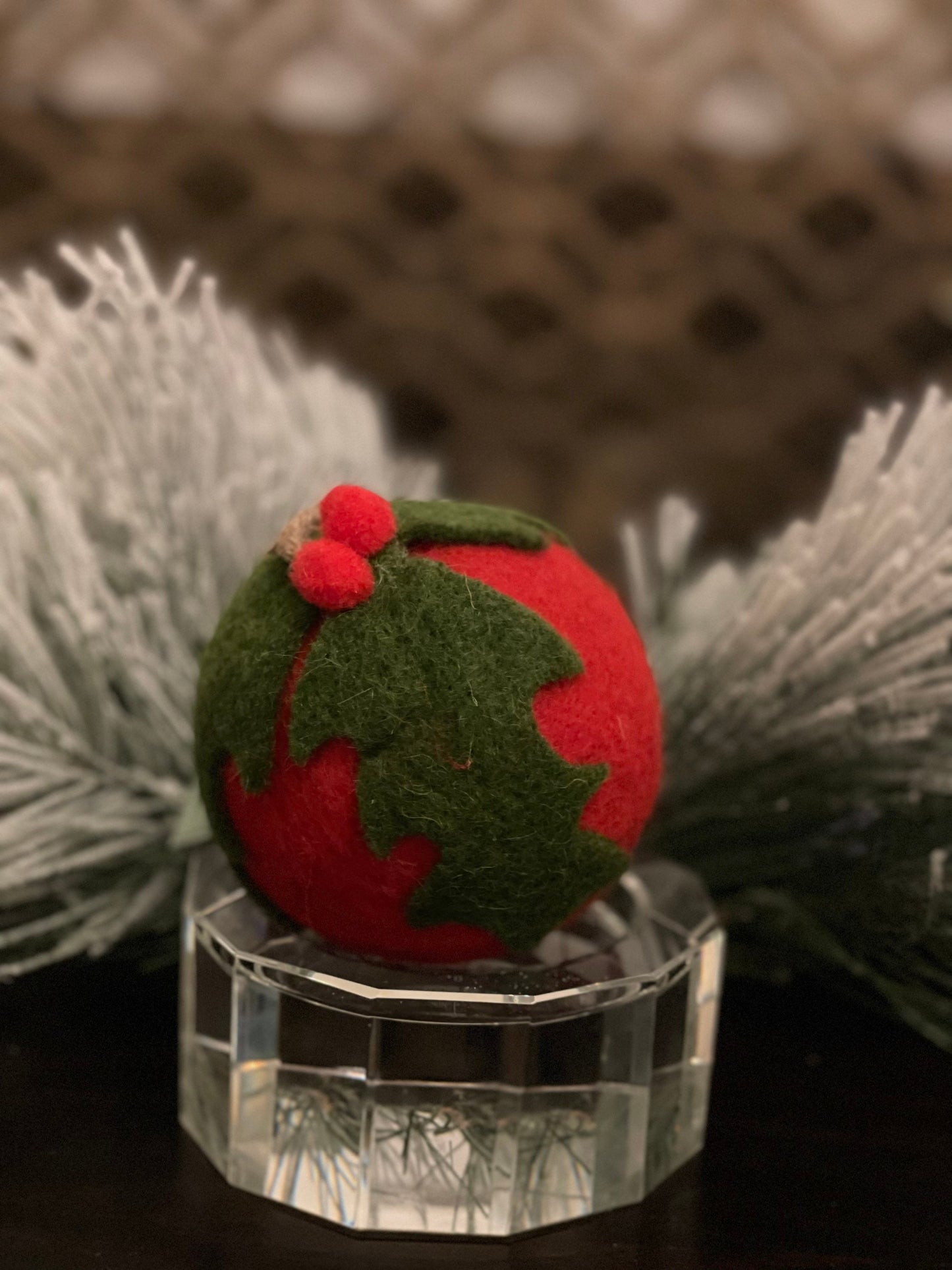 4” felt holly leaf ball ornament. SET of 2.