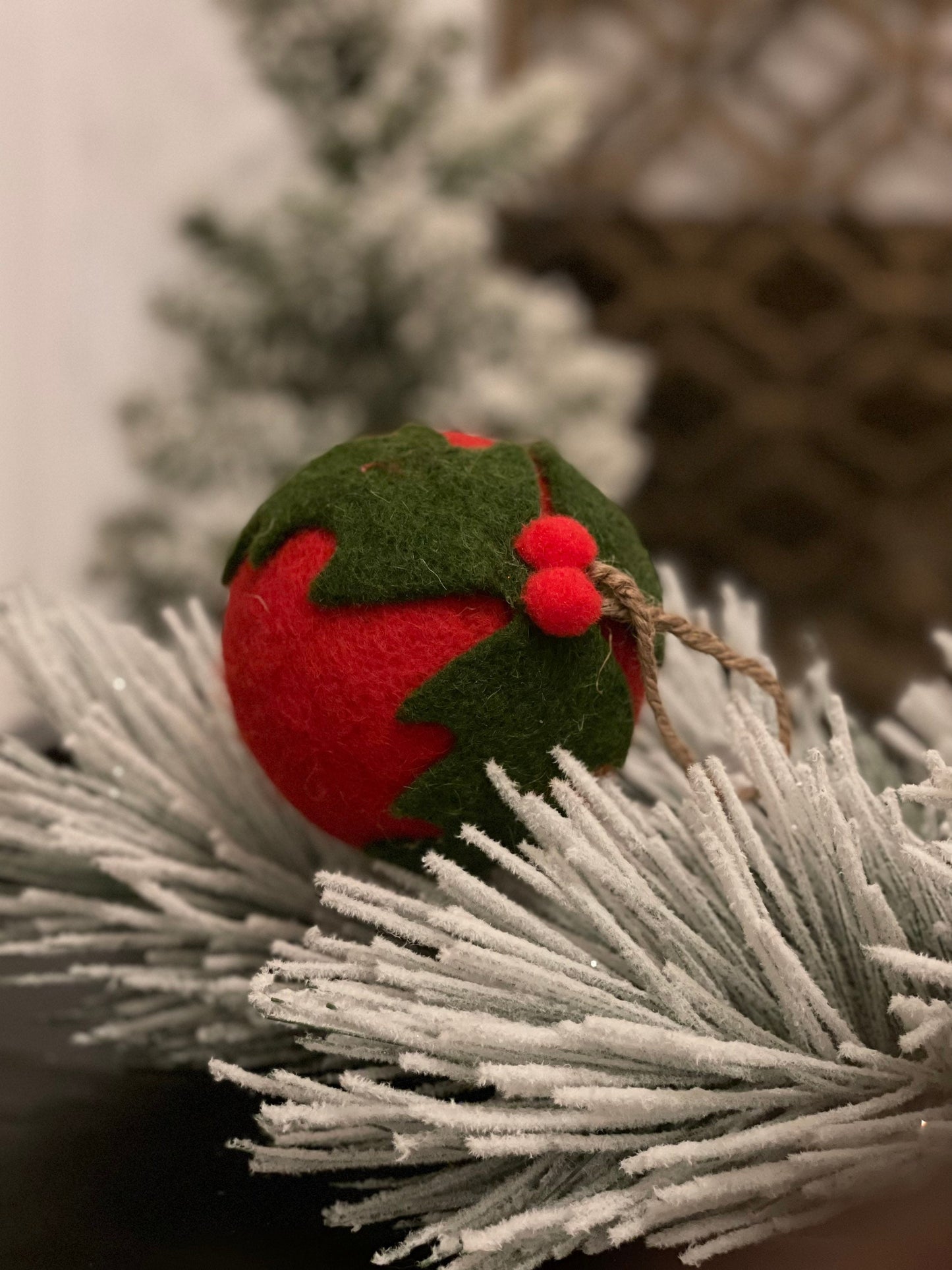 4” felt holly leaf ball ornament. SET of 2.