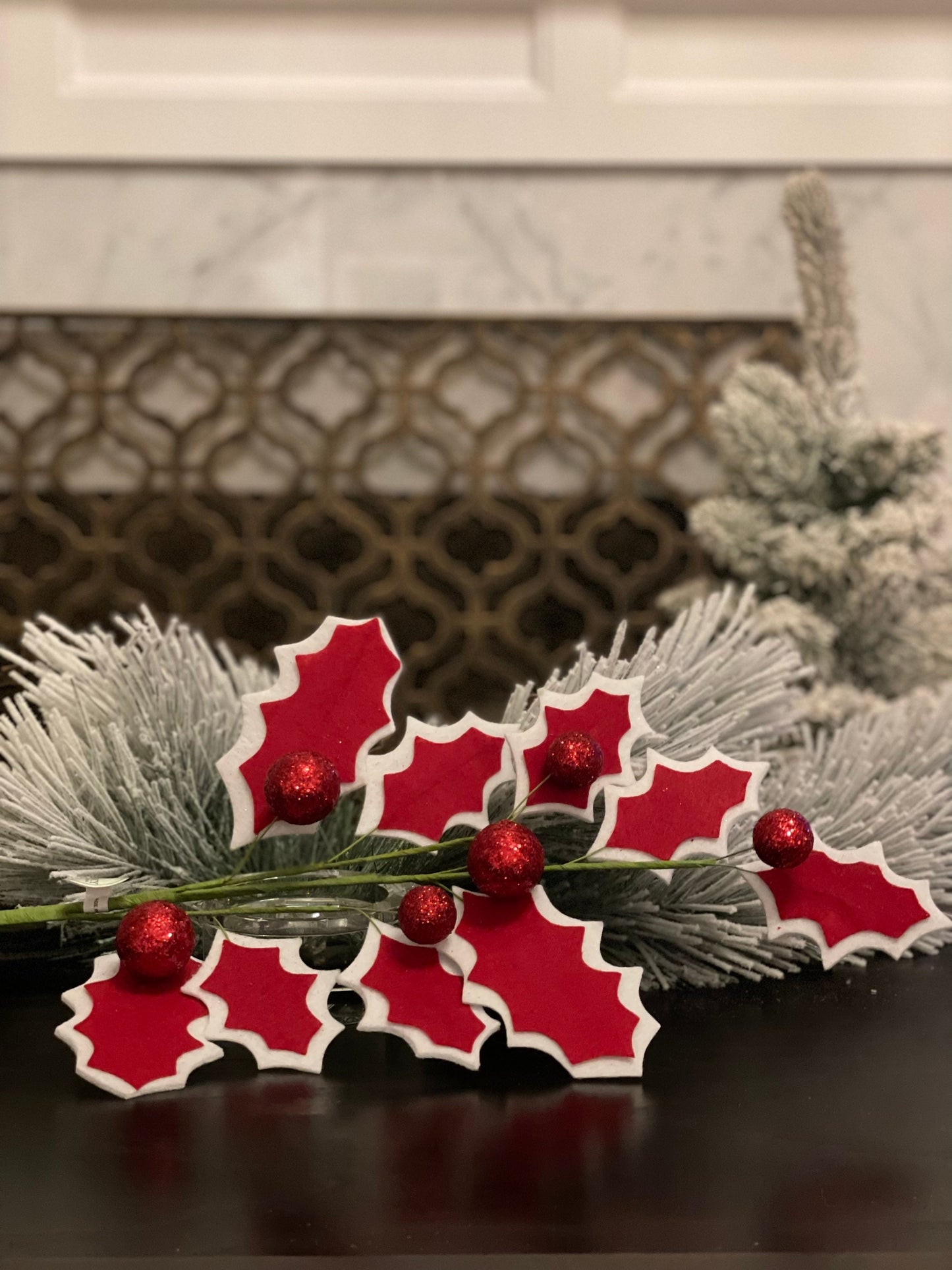 SET of 3. 31.5" felt holly sparkle berry spray.