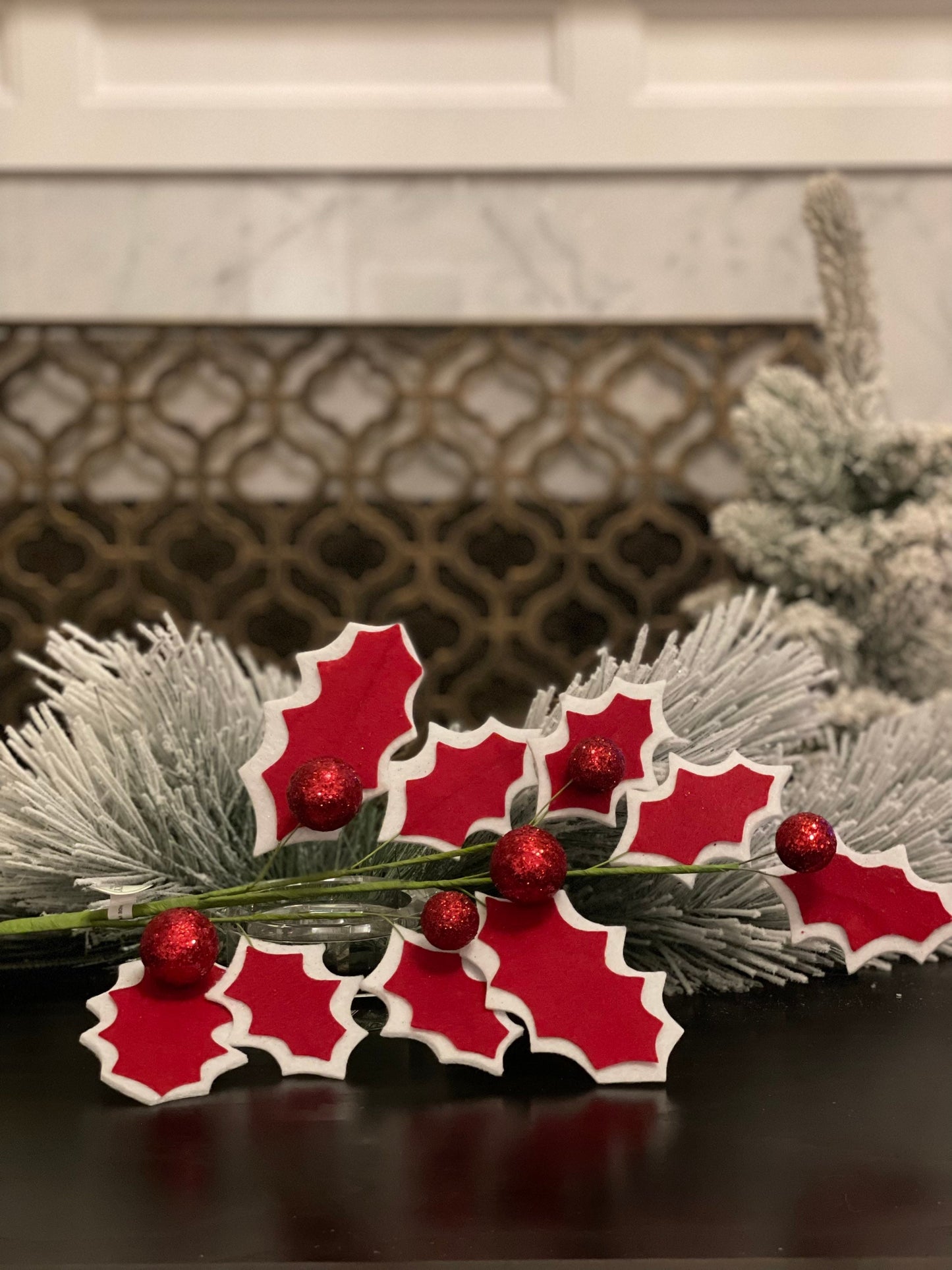 SET of 3. 31.5" felt holly sparkle berry spray.