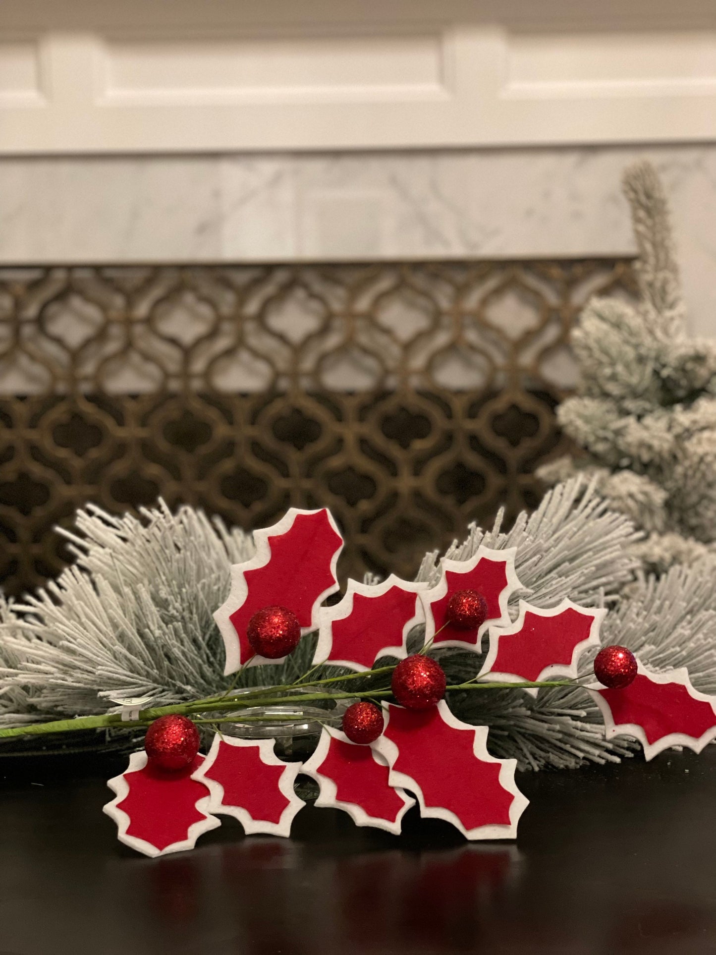 SET of 3. 31.5" felt holly sparkle berry spray.