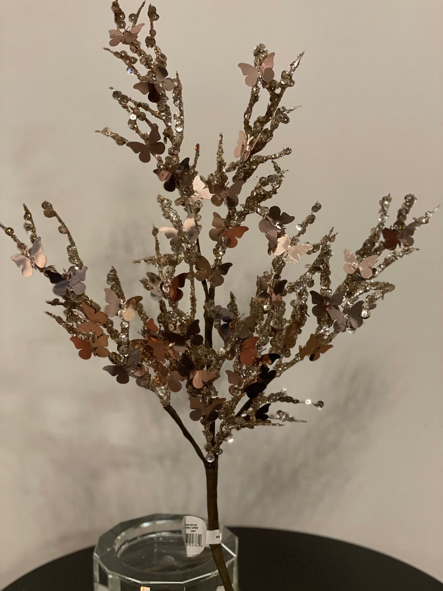 SET of 2. 27.5” sequin mini butterfly spray. Champagne . SET of 2. Green flocked branch NOT included.