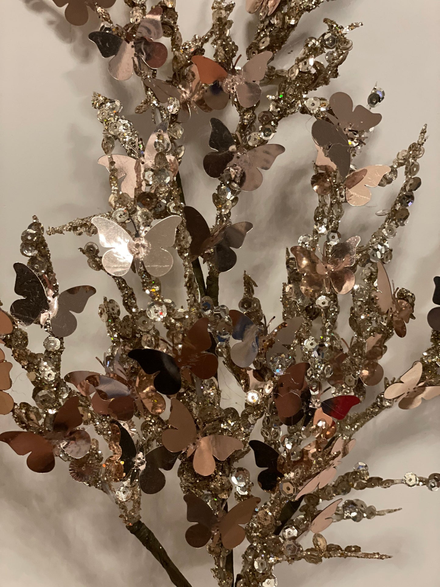 SET of 2. 27.5” sequin mini butterfly spray. Champagne . SET of 2. Green flocked branch NOT included.