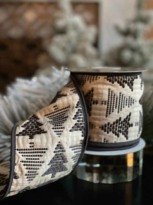 4"x5 yds. Jacquard tree ribbon black/gray. Wired.