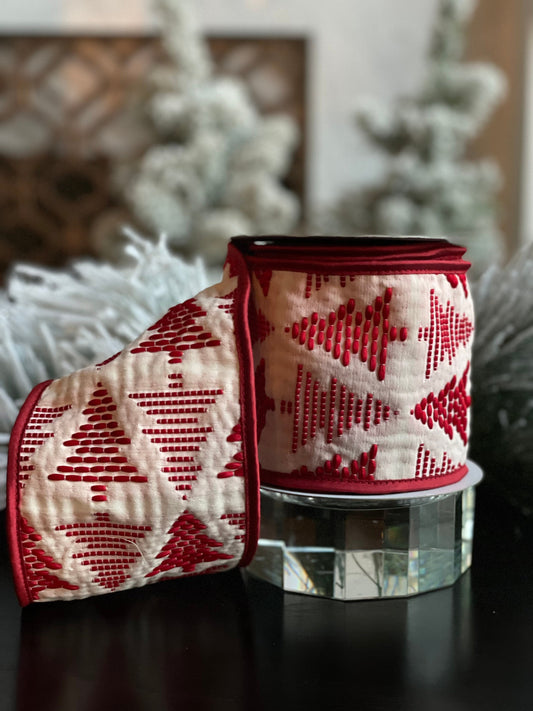 4"x5 yds. Jacquard tree ribbon red. Wired.