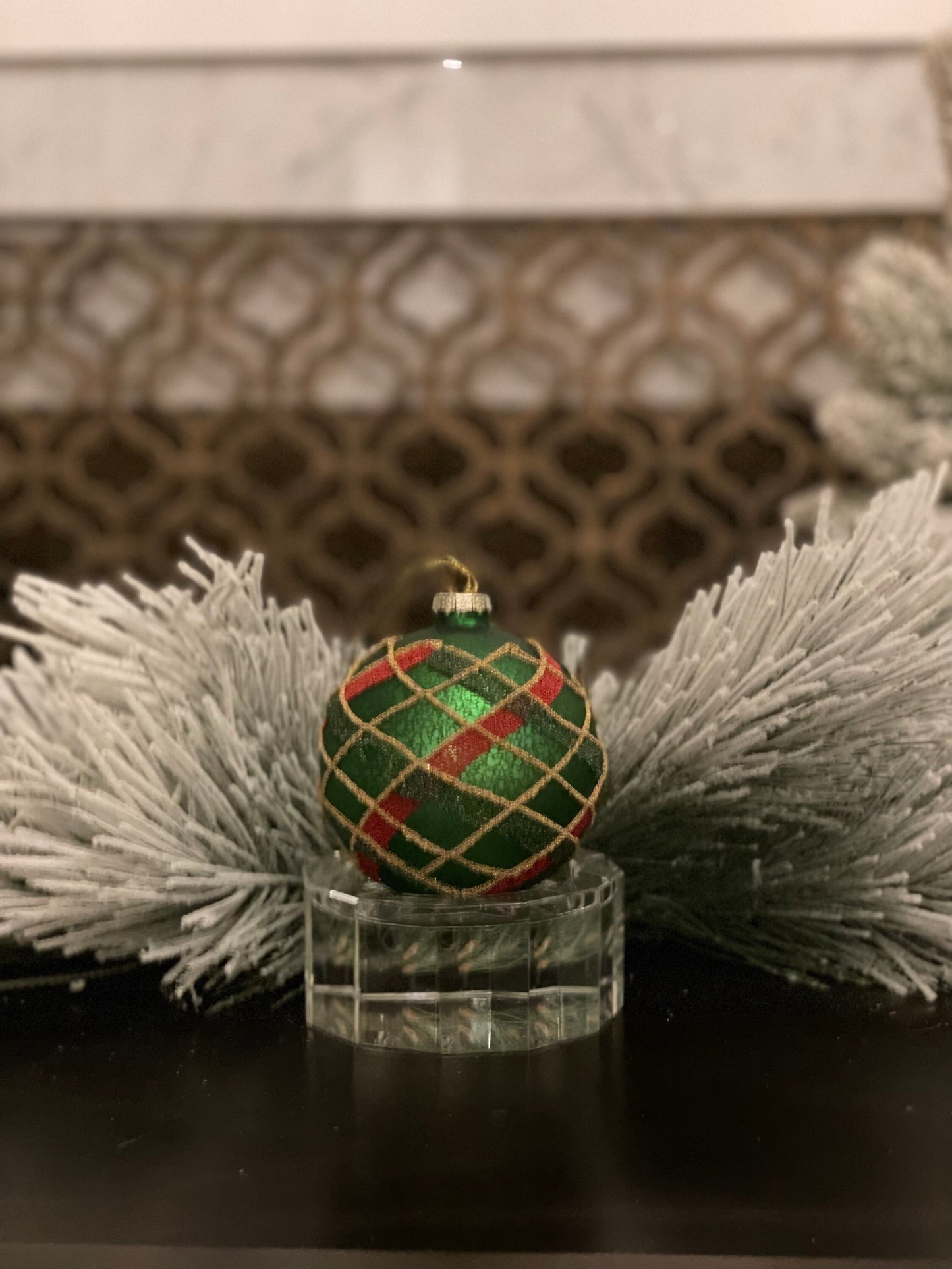 4" mercury glass beaded plaid ball ornament. Green, red and gold. Beautiful!