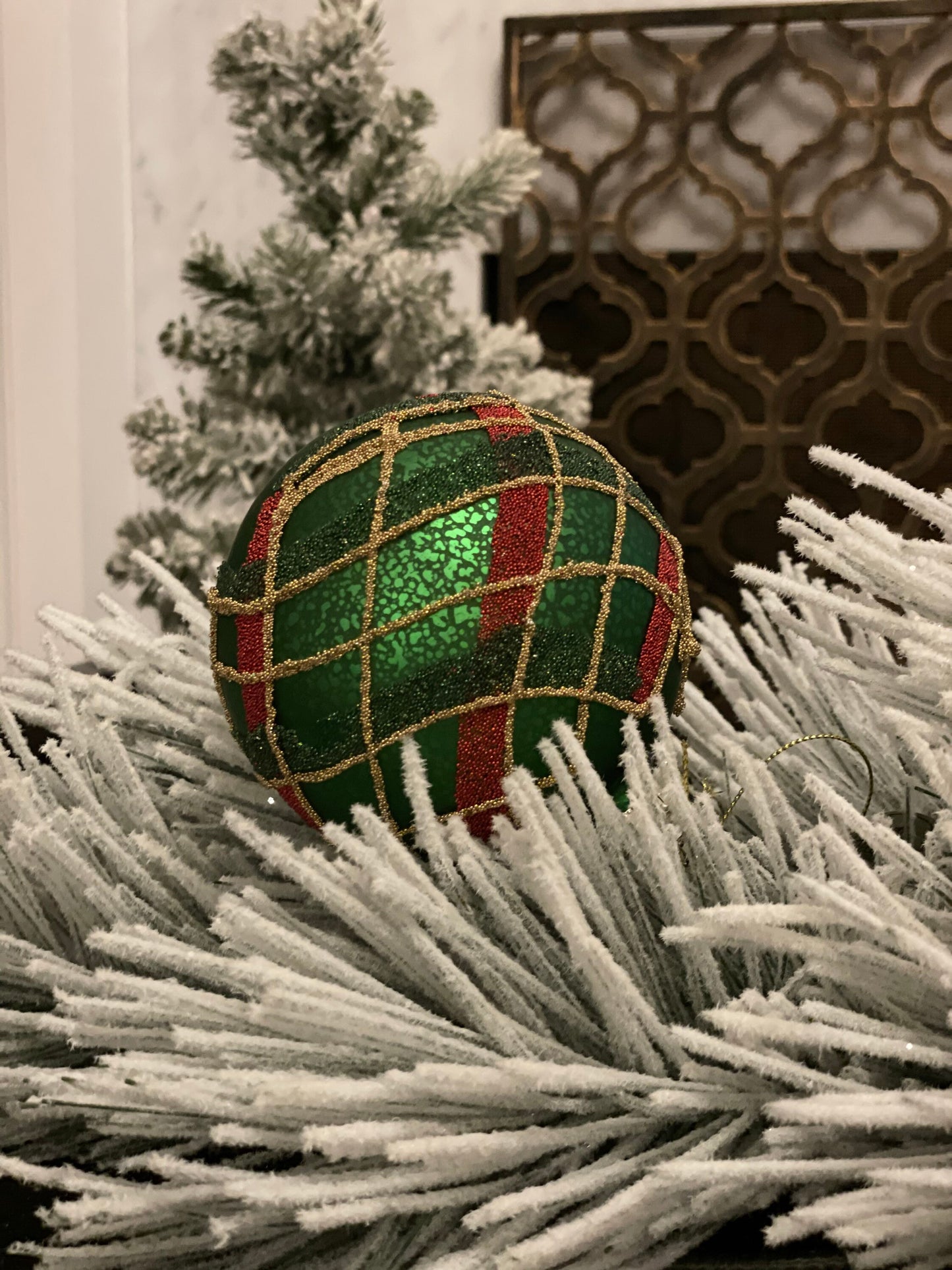 4" mercury glass beaded plaid ball ornament. Green, red and gold. Beautiful!