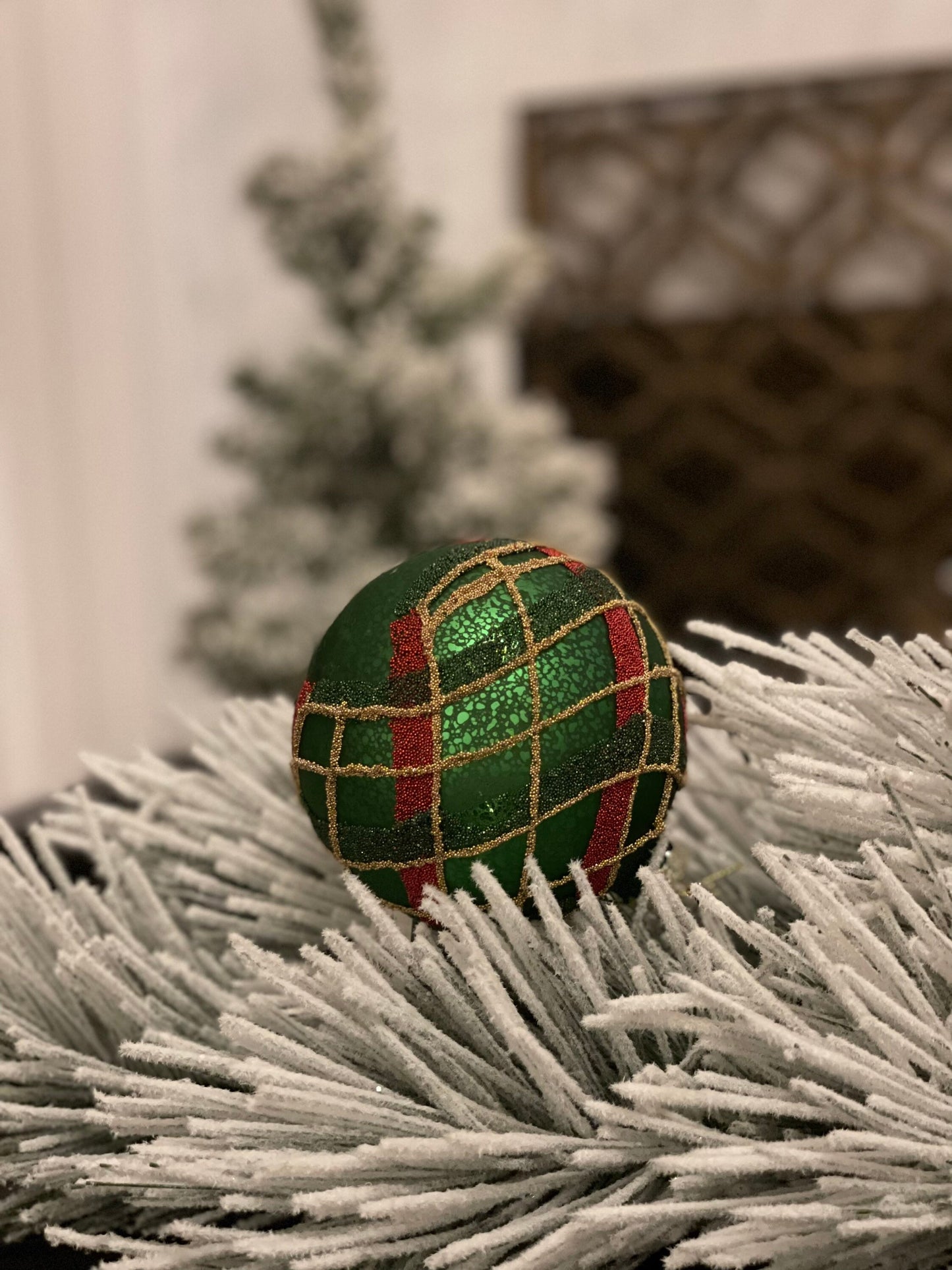 4" mercury glass beaded plaid ball ornament. Green, red and gold. Beautiful!