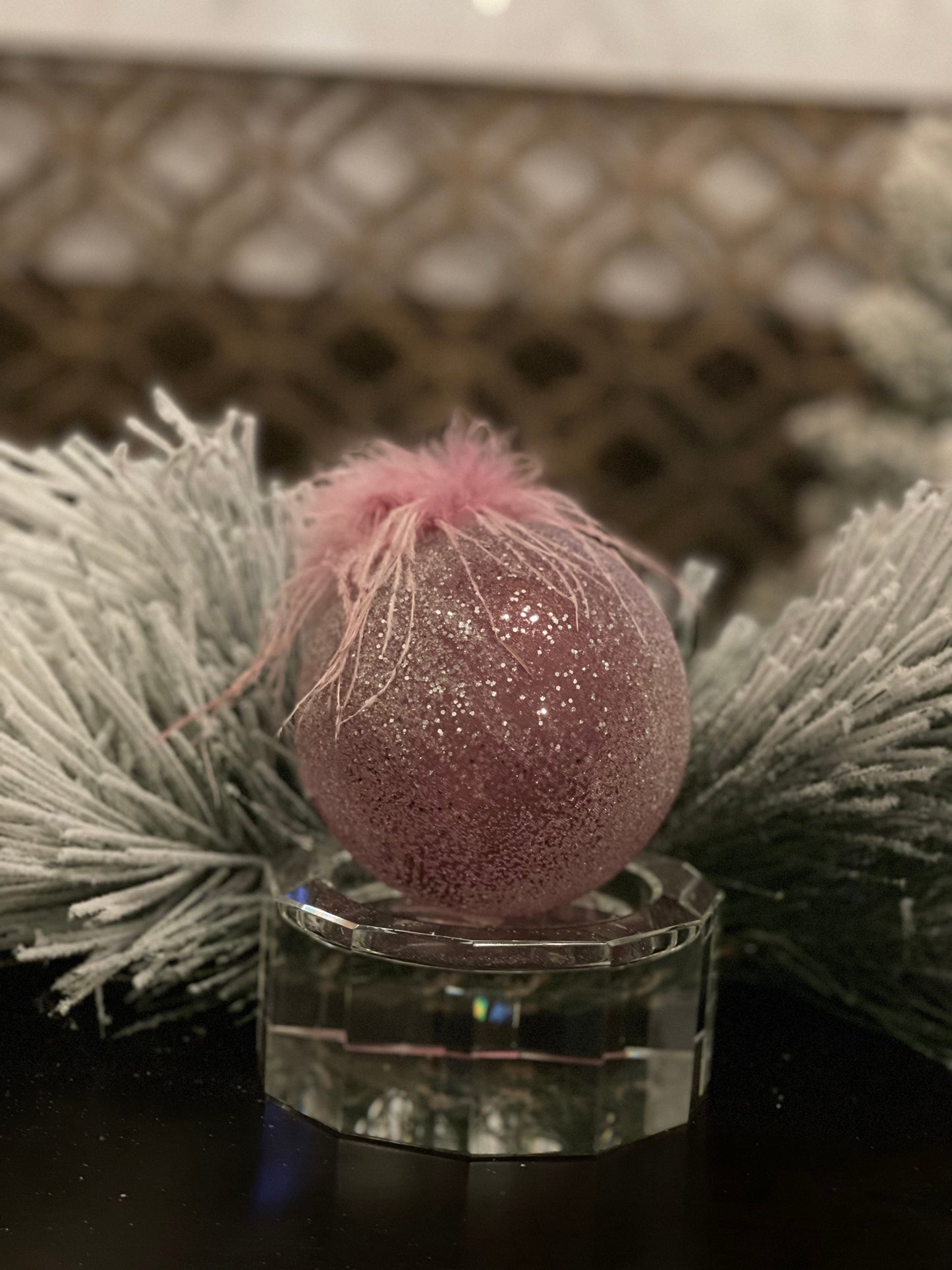 4" glass beaded with feather top ball ornament. Pink. Beautiful!