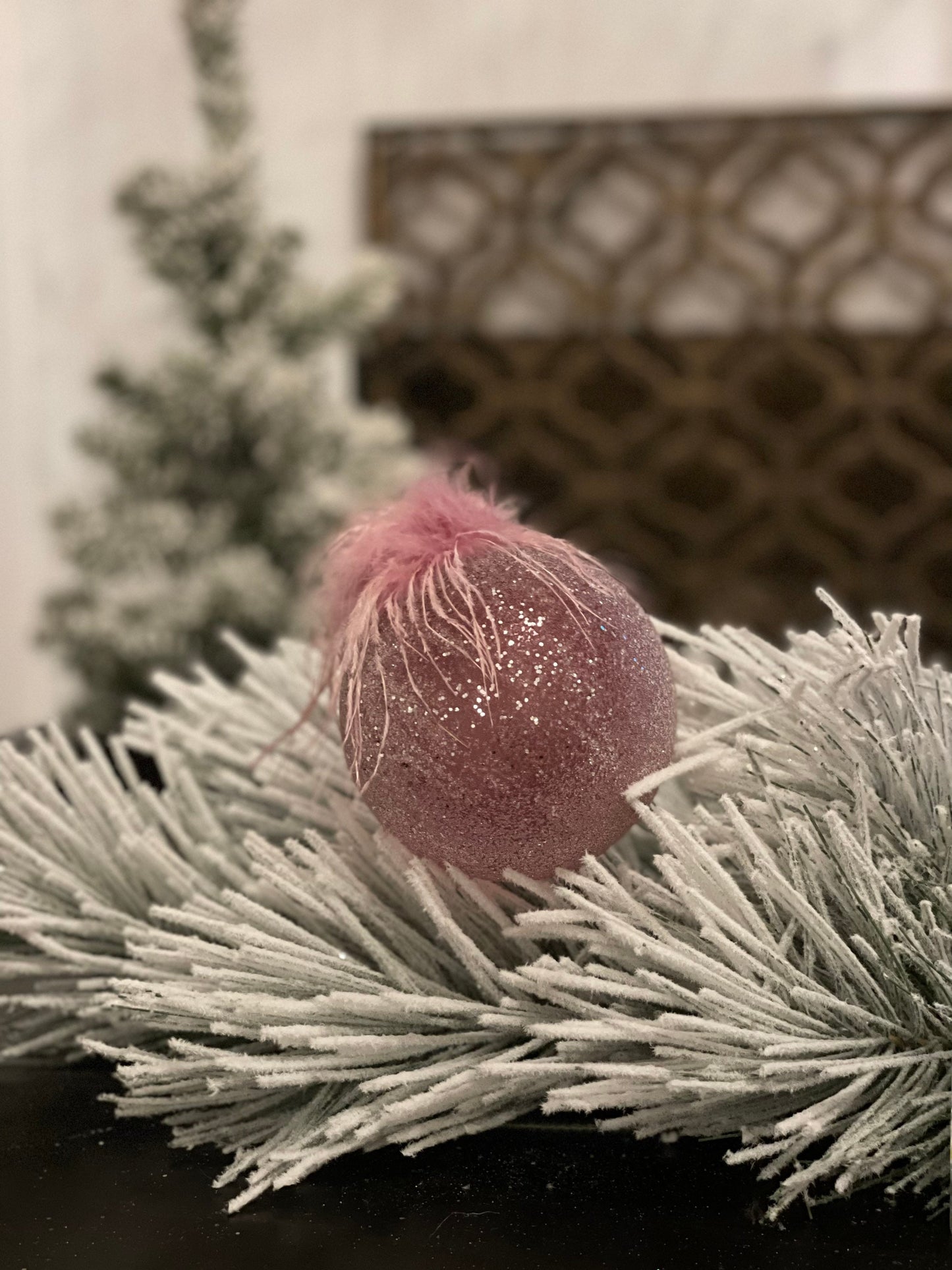 4" glass beaded with feather top ball ornament. Pink. Beautiful!