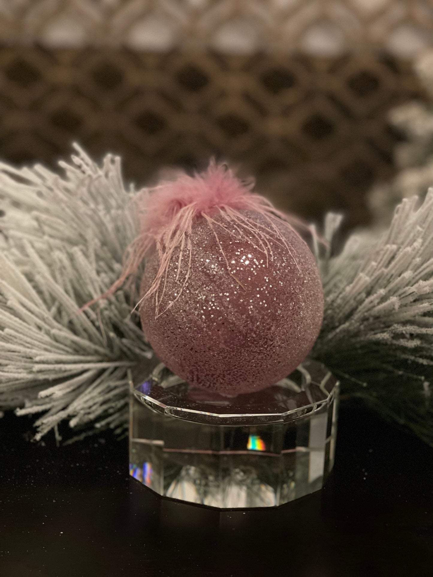 4" glass beaded with feather top ball ornament. Pink. Beautiful!