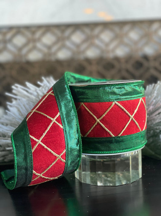 4" X 10 yds Drummer boy ribbon. Rojo, verde y dorado. Farrisilk. Cableado.