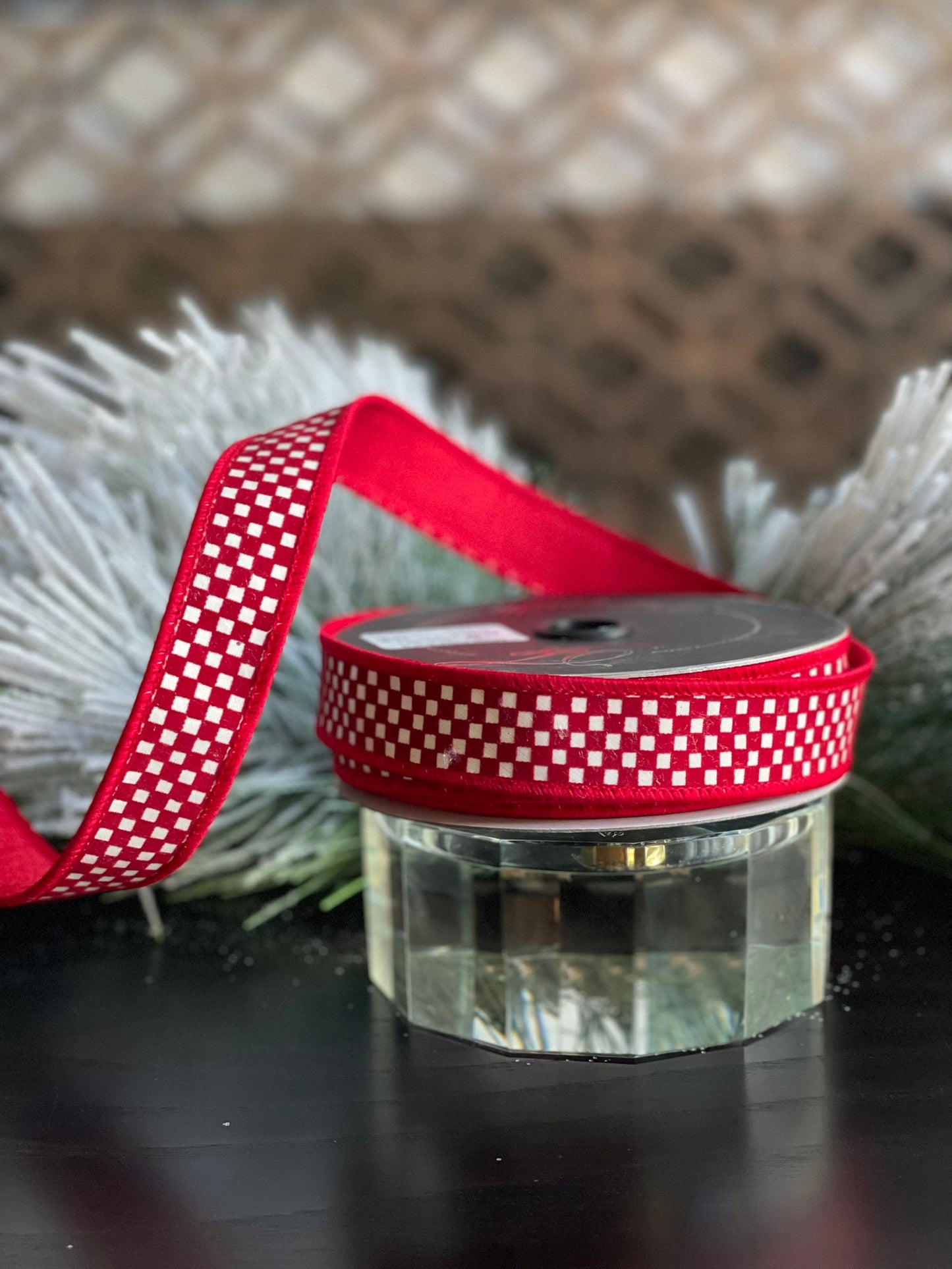 1” X 10 yds. Ribbon Mini checks red and white. Wired. Farrisilk.