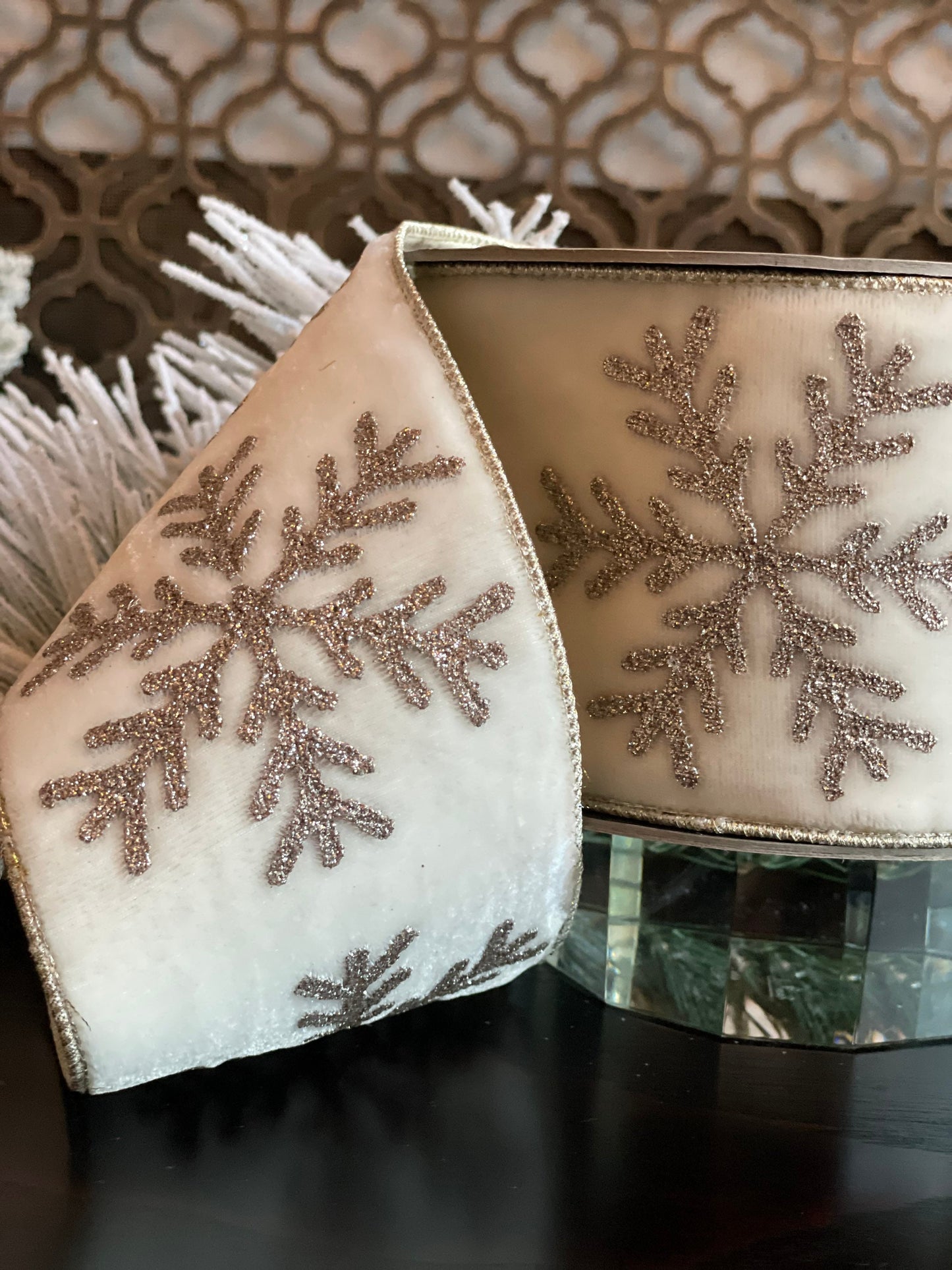Designer plush velvet large platinum glitter snowflake winter white ribbon. 4” x 10 yards.*