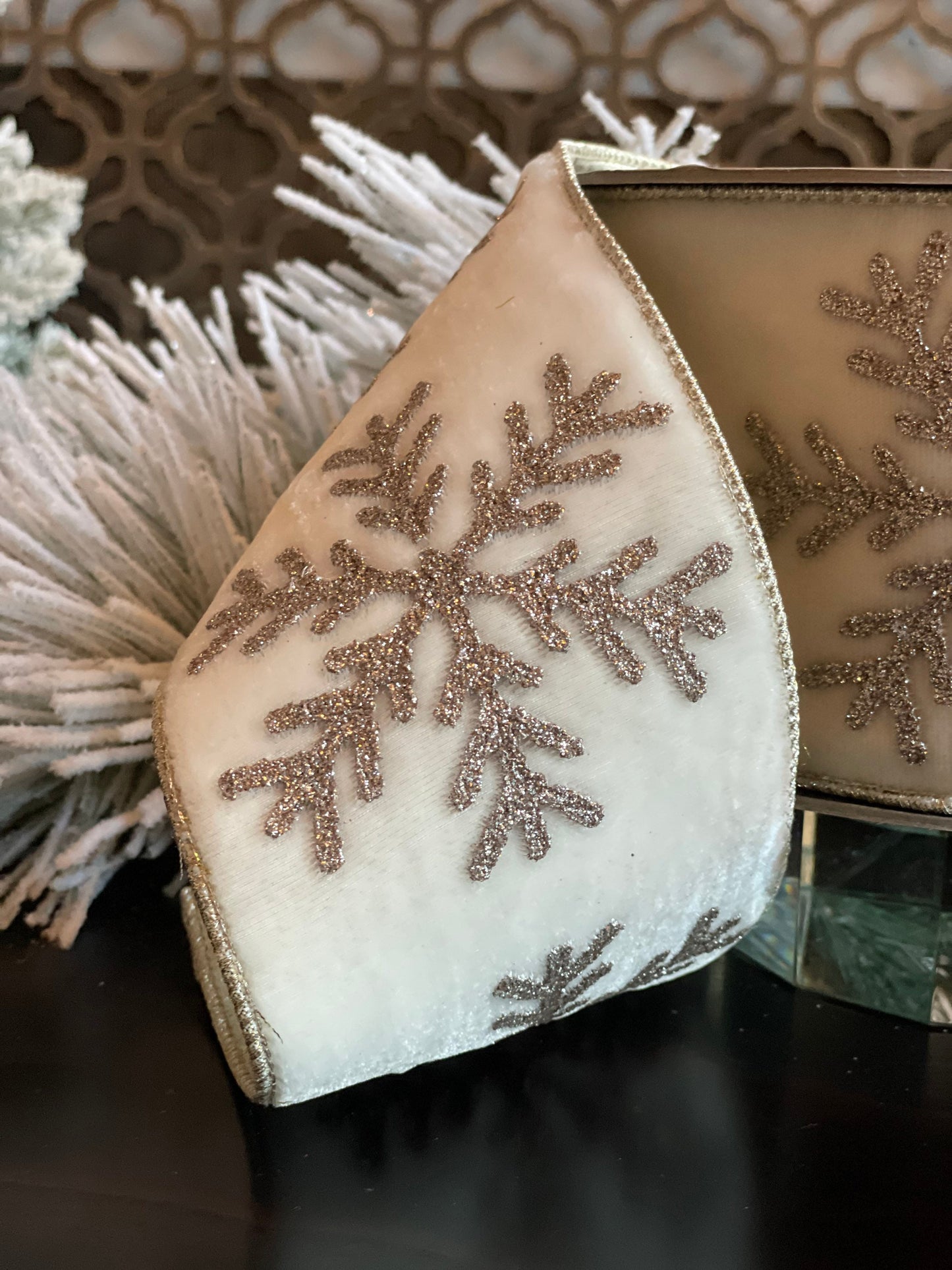 Designer plush velvet large platinum glitter snowflake winter white ribbon. 4” x 10 yards.*