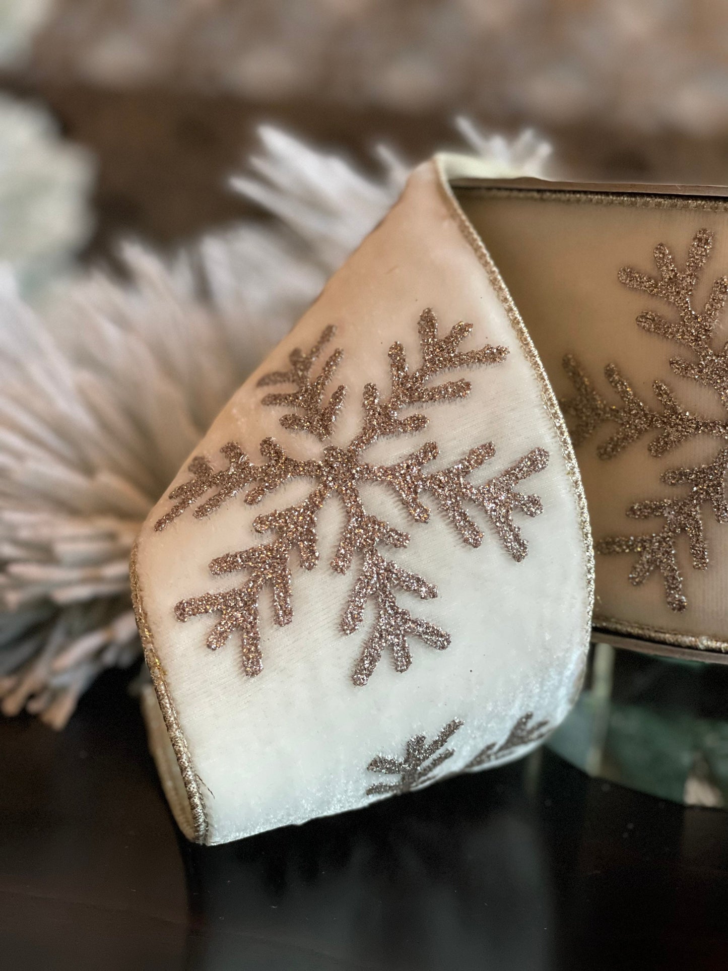 Designer plush velvet large platinum glitter snowflake winter white ribbon. 4” x 10 yards.*
