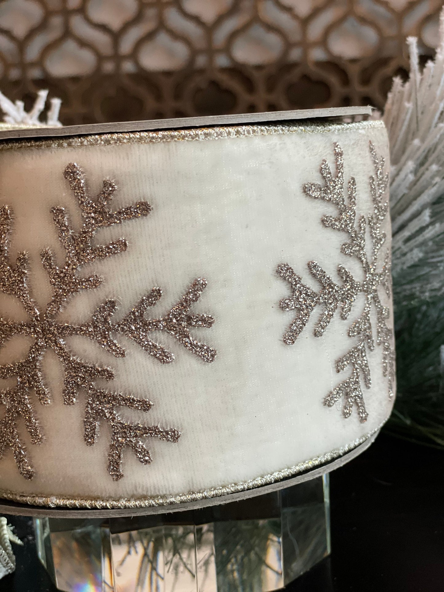 Designer plush velvet large platinum glitter snowflake winter white ribbon. 4” x 10 yards.*