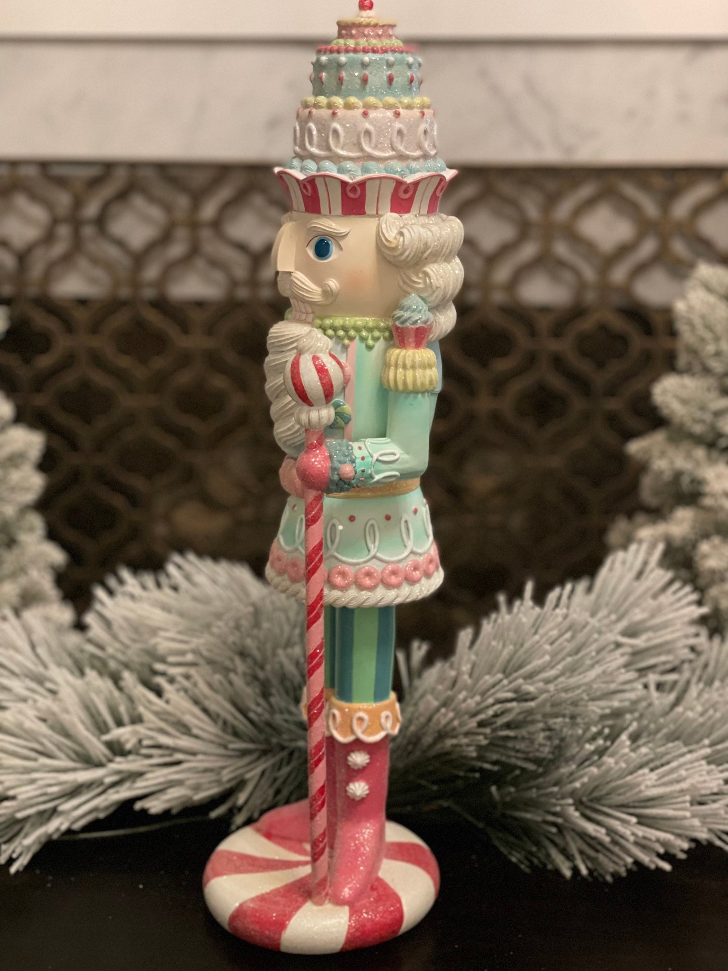 22” Nutcracker resin pastel peppermint. Sweet nutcracker!