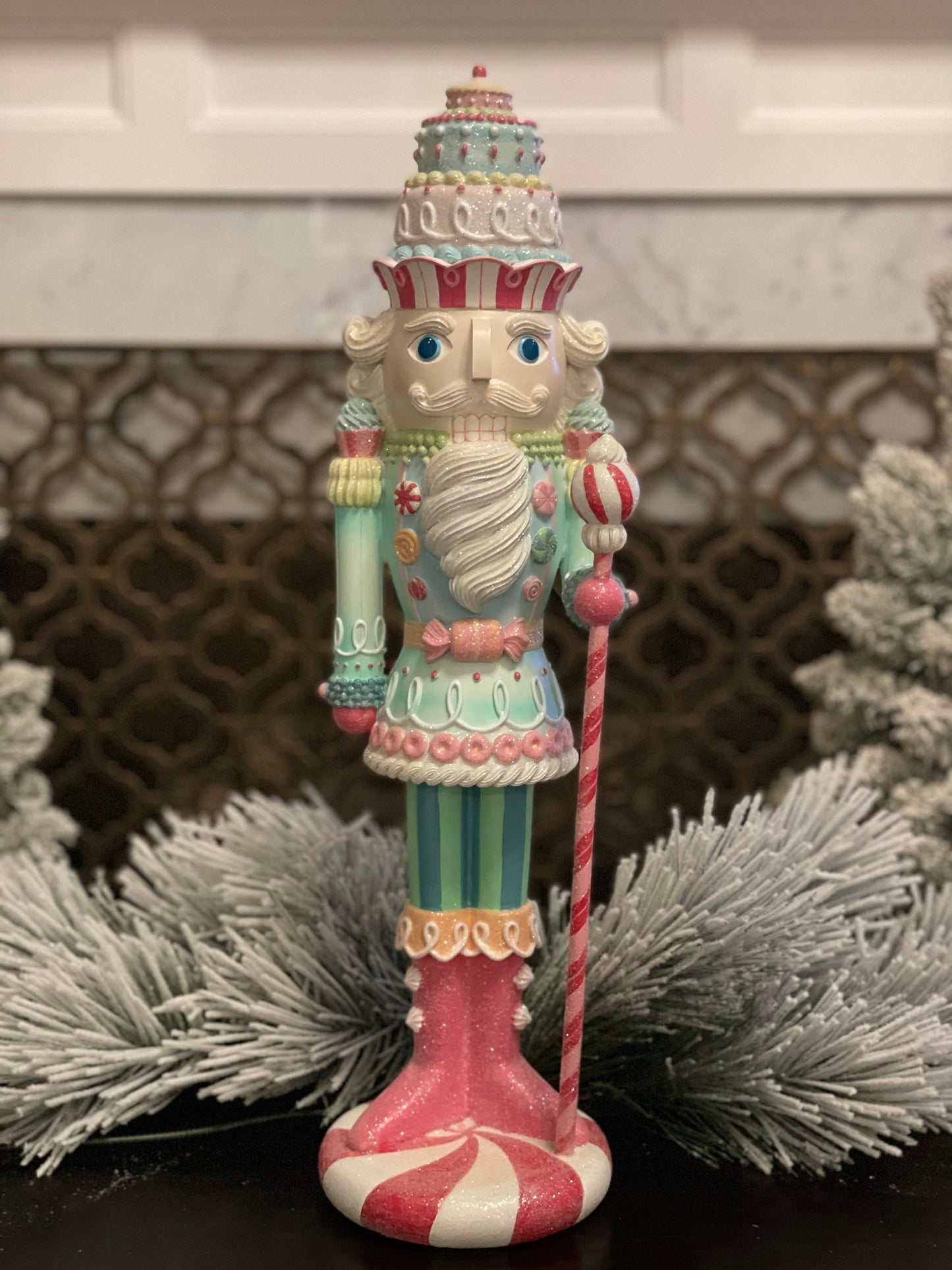 22” Nutcracker resin pastel peppermint. Sweet nutcracker!