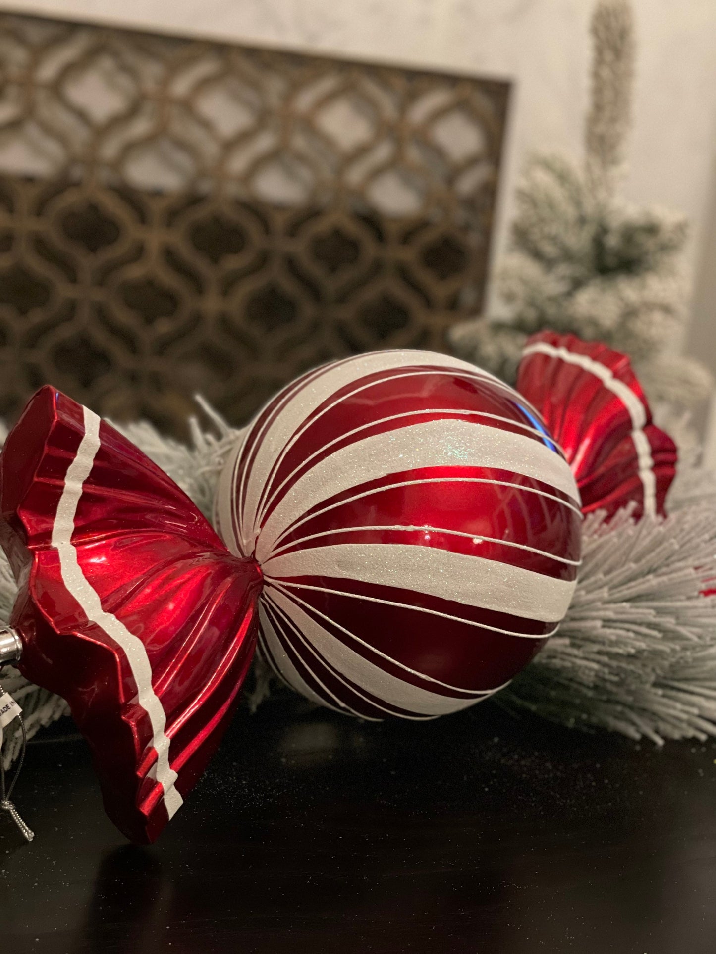 18.5” vp peppermint candy round twist ornament. Shatterproof. Plastic.