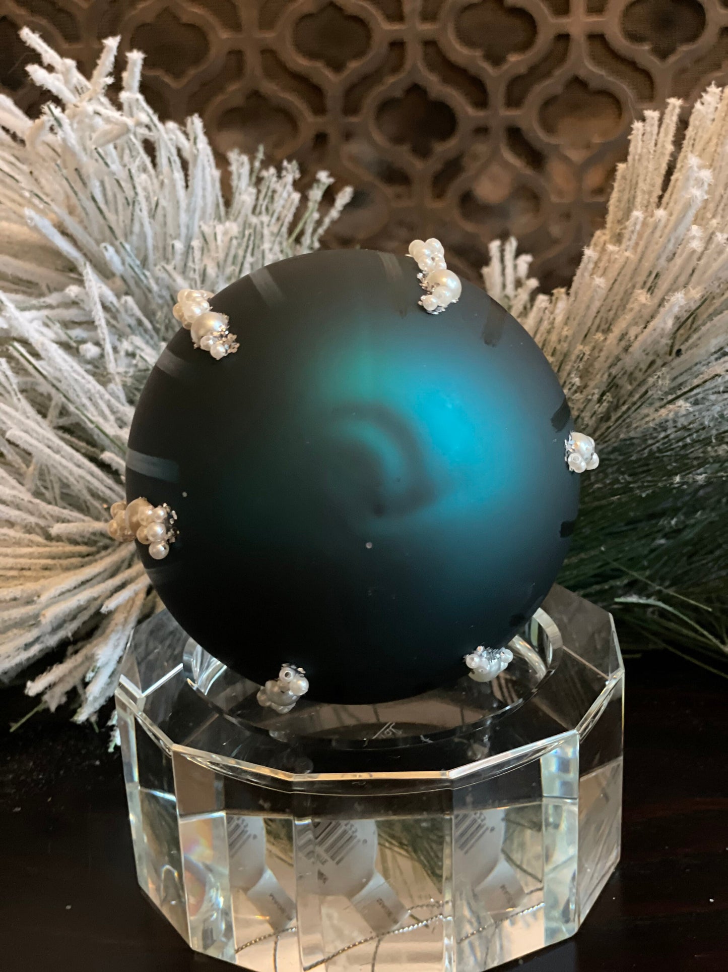 SET of 3. 4” glass pearl bead glitter stripe ball ornament. Emerald green.