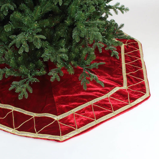 84” Nutcracker velvet tree skirt red and gold.