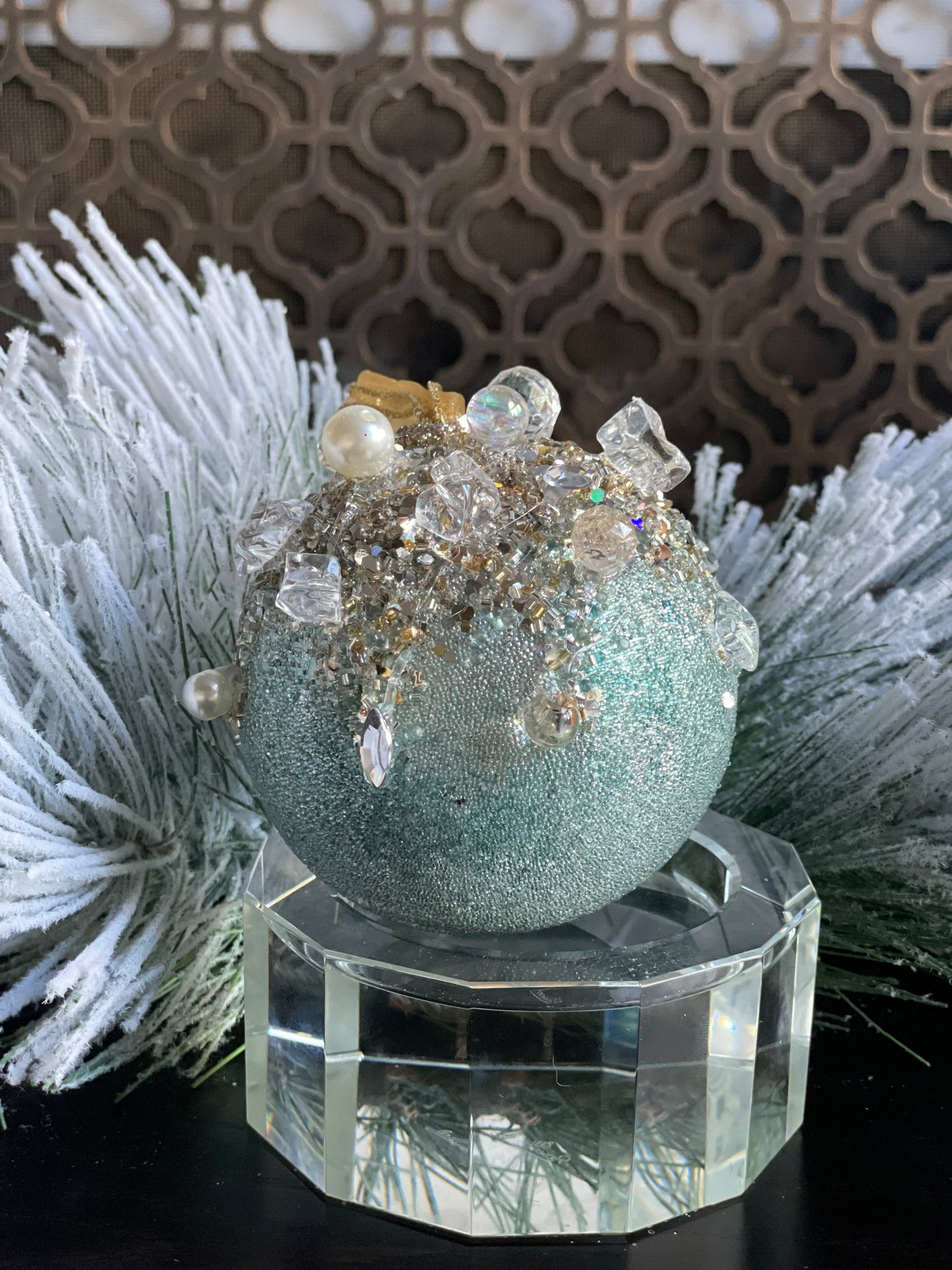 Beaded bejeweled ball lt blue 5"