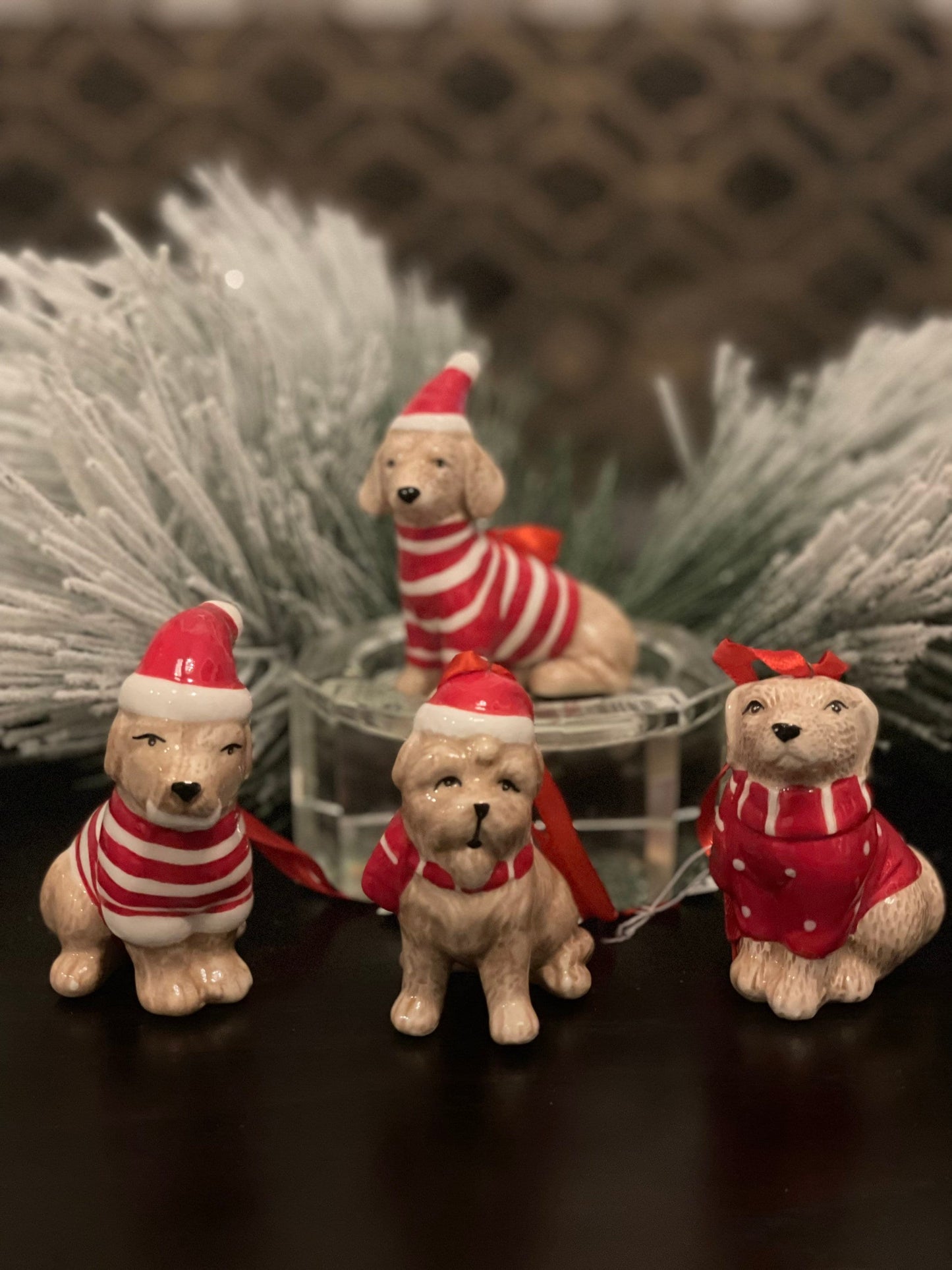 3.5” dolomite chistmas dog ornament. Set of 4 dogs.