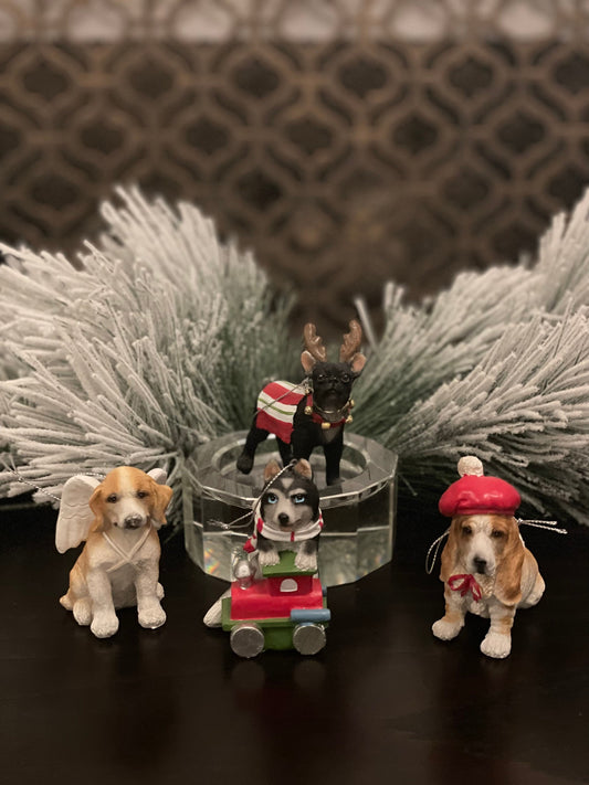 3.5” resin dapper chistmas dog ornament. Set of 4 dogs.