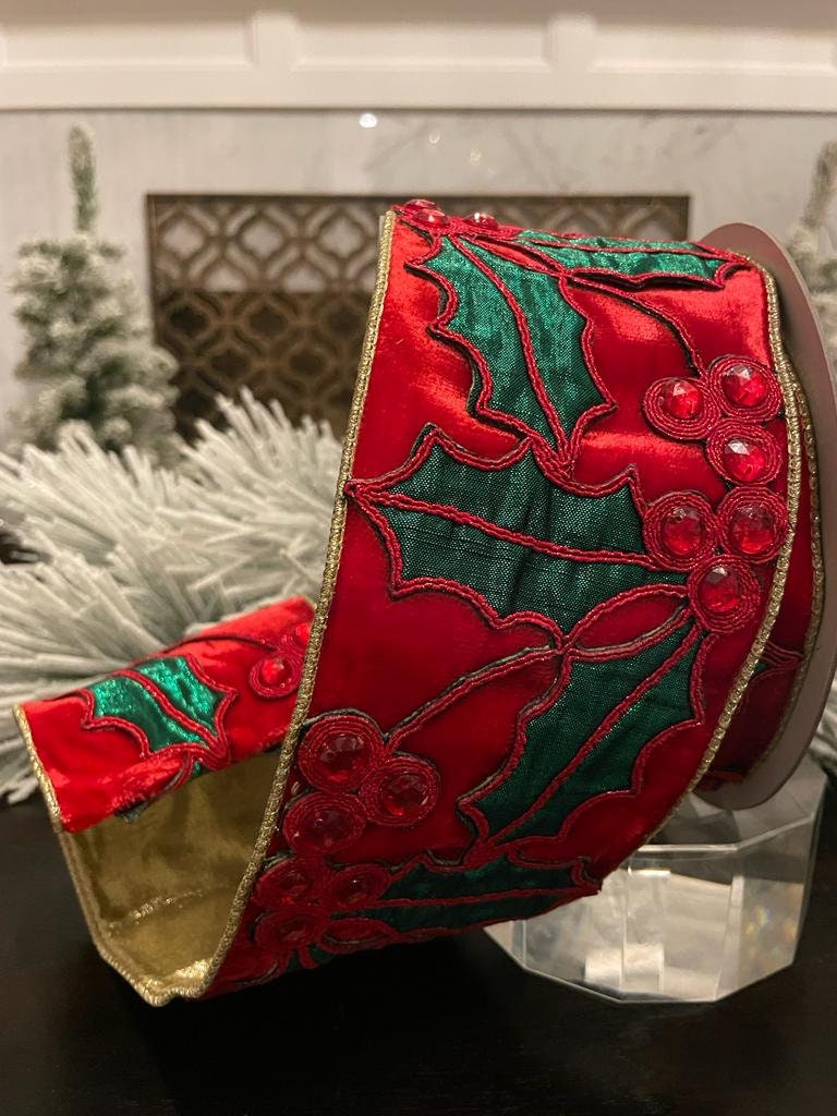 4” x 5 yds Holly on velvet red and emerald.