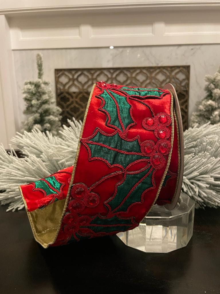 4” x 5 yds Holly on velvet red and emerald.