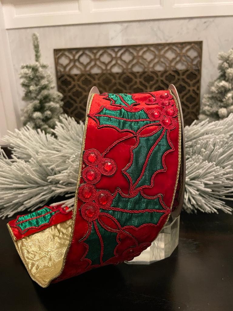 4” x 5 yds Holly on velvet red and emerald.