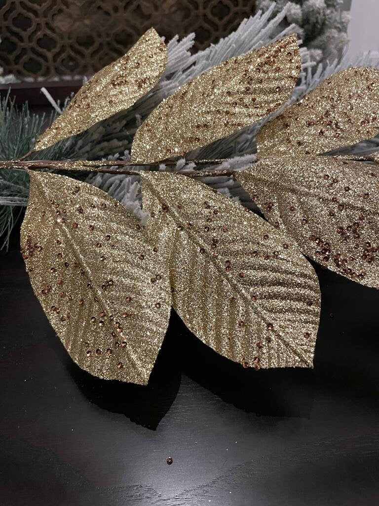 Set of 3. 27" glitter leaf spray. Platinum.