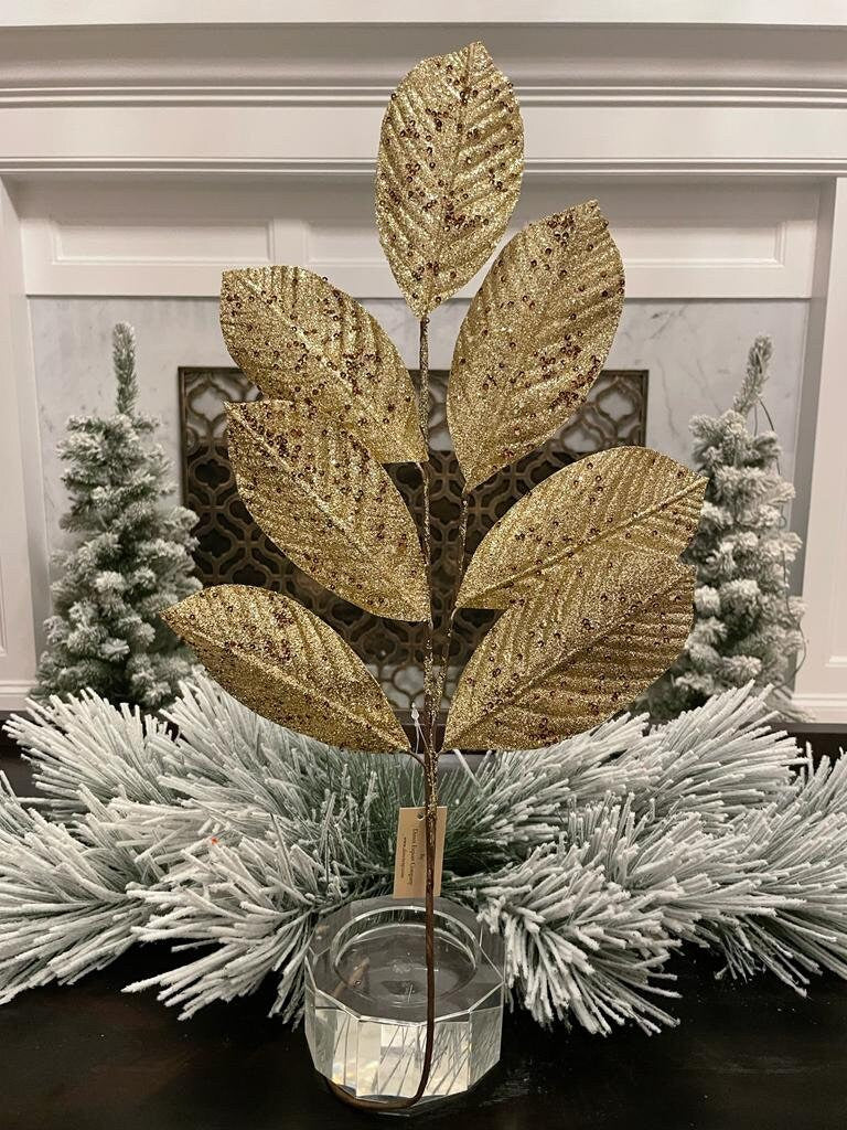 Set of 3. 27" glitter leaf spray. Platinum.