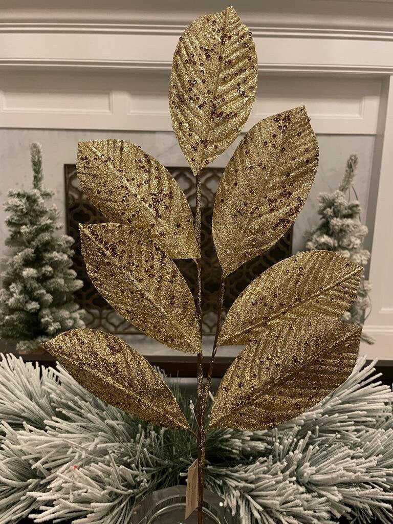 Set of 3. 27" glitter leaf spray. Platinum.