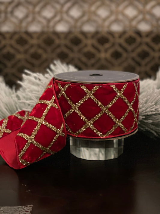 4” X 10 yds velvet glitter lattice ribbon. Red and gold.