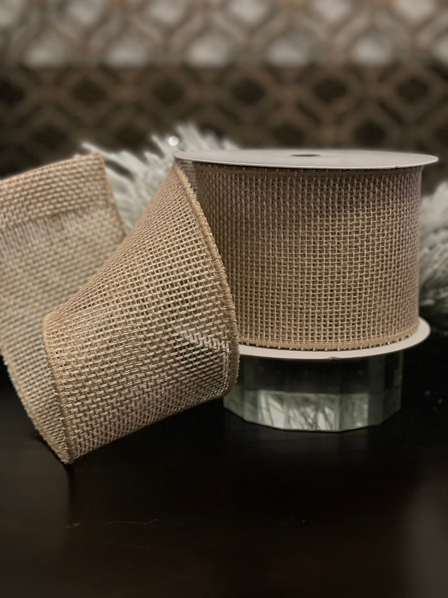 4" X 10 Yards Plaid on Jute. natural. Farrisilk. Wired.