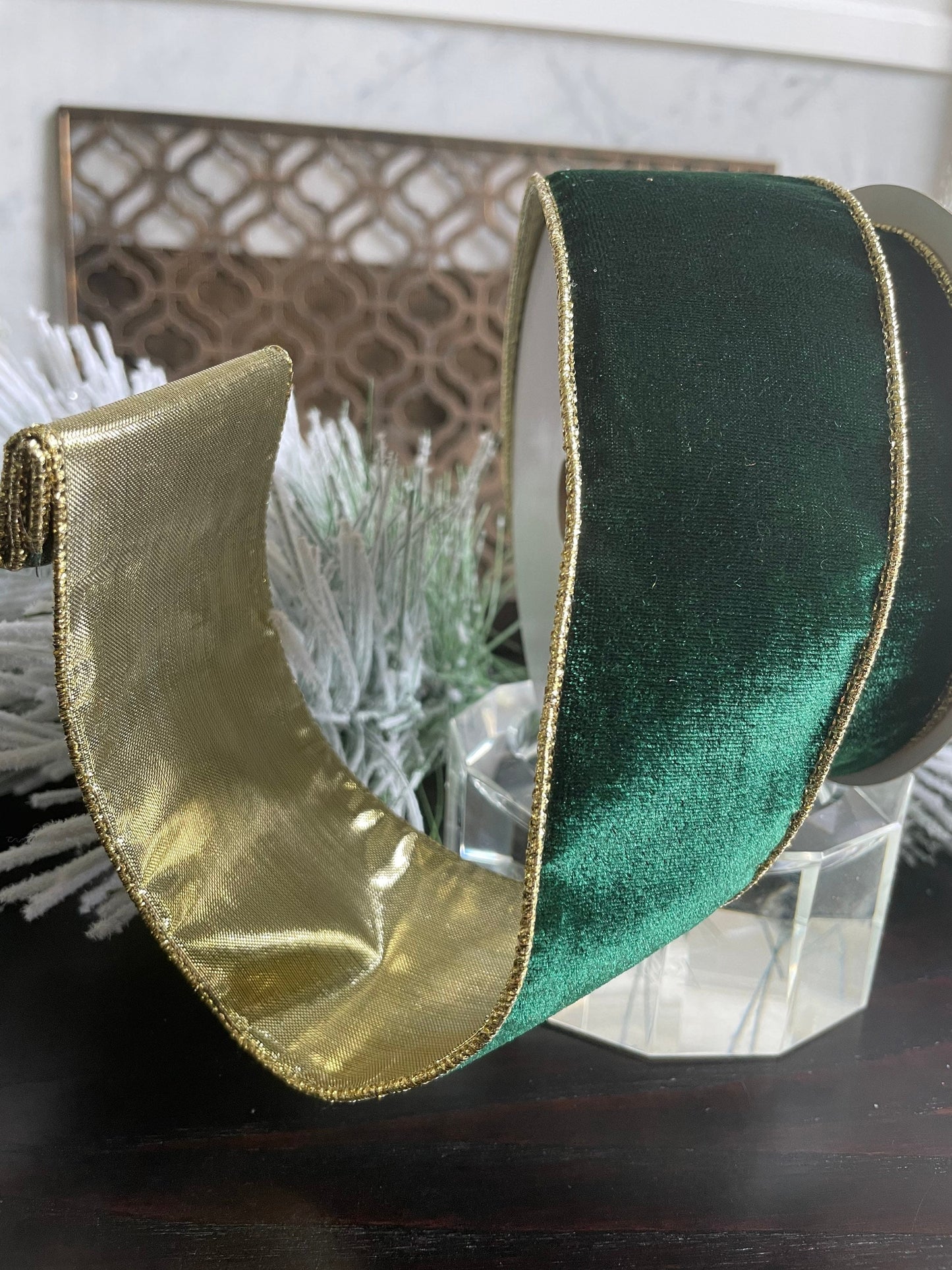 velvet emerald ribbon with gold back. Emerald and gold. 2.5”x 10 yards. Wired.*
