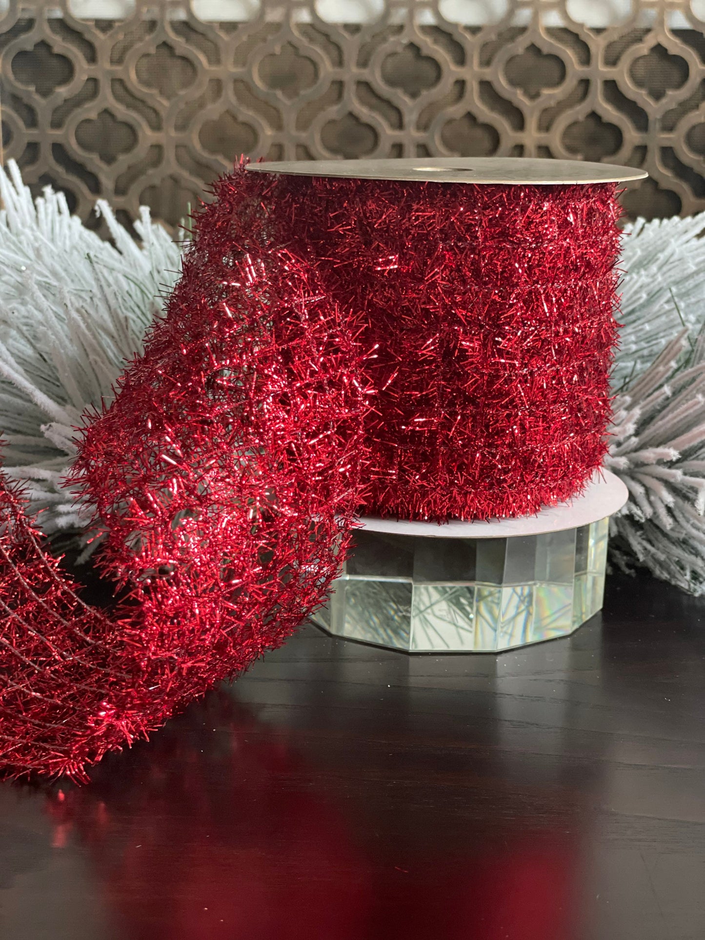 4X10" yds. Red tinsel ribbon.