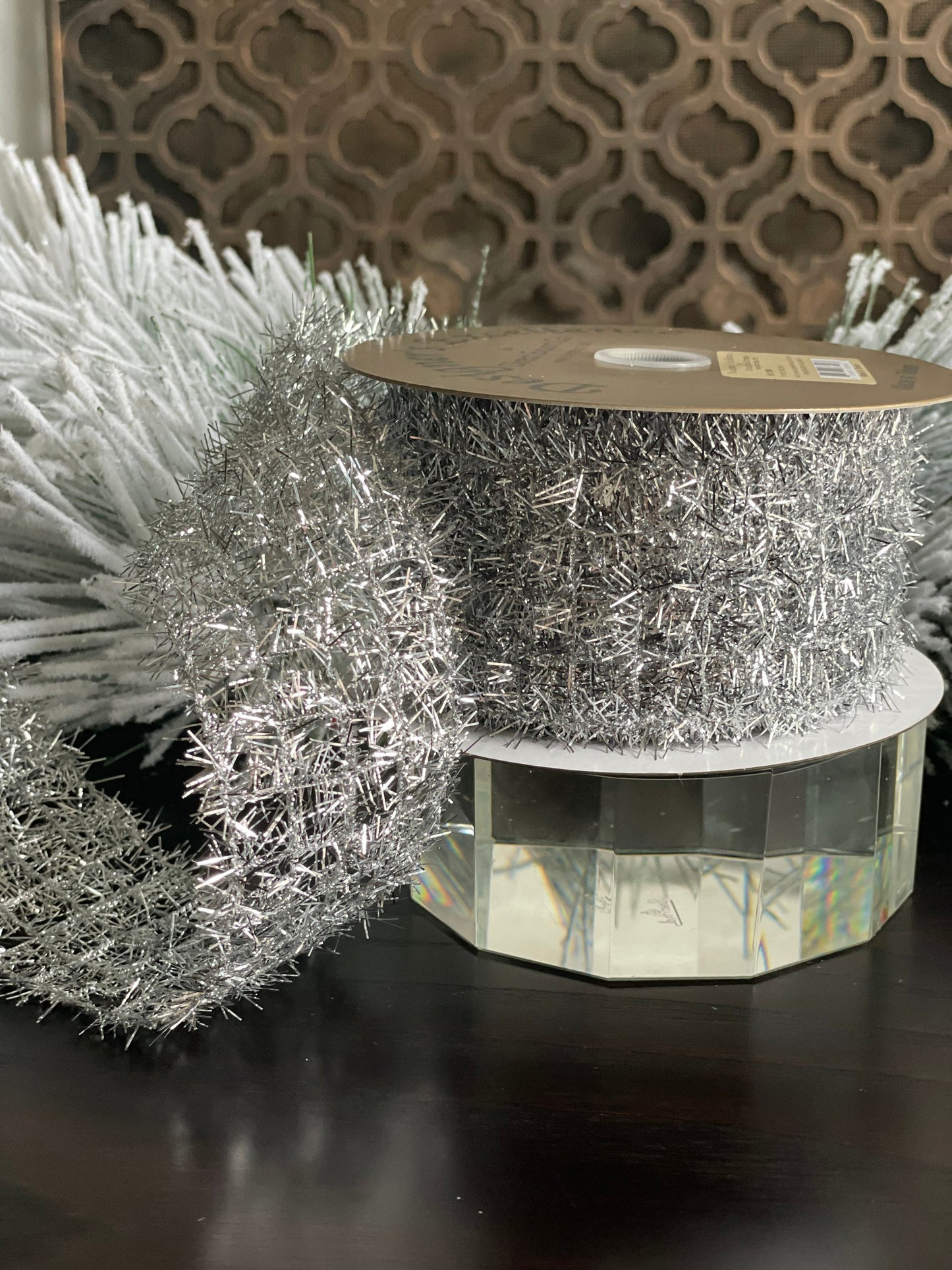 2.5X10" yds. Silver tinsel ribbon. Wired