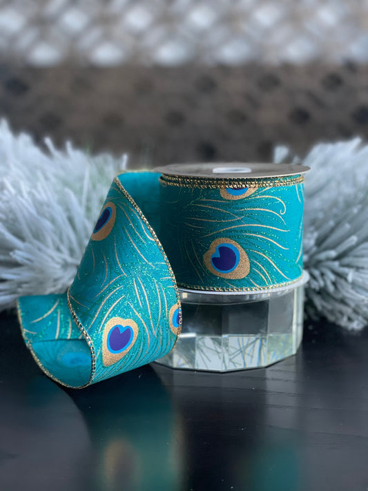 2.5"x10 yds. peacock ribbon. Wired.