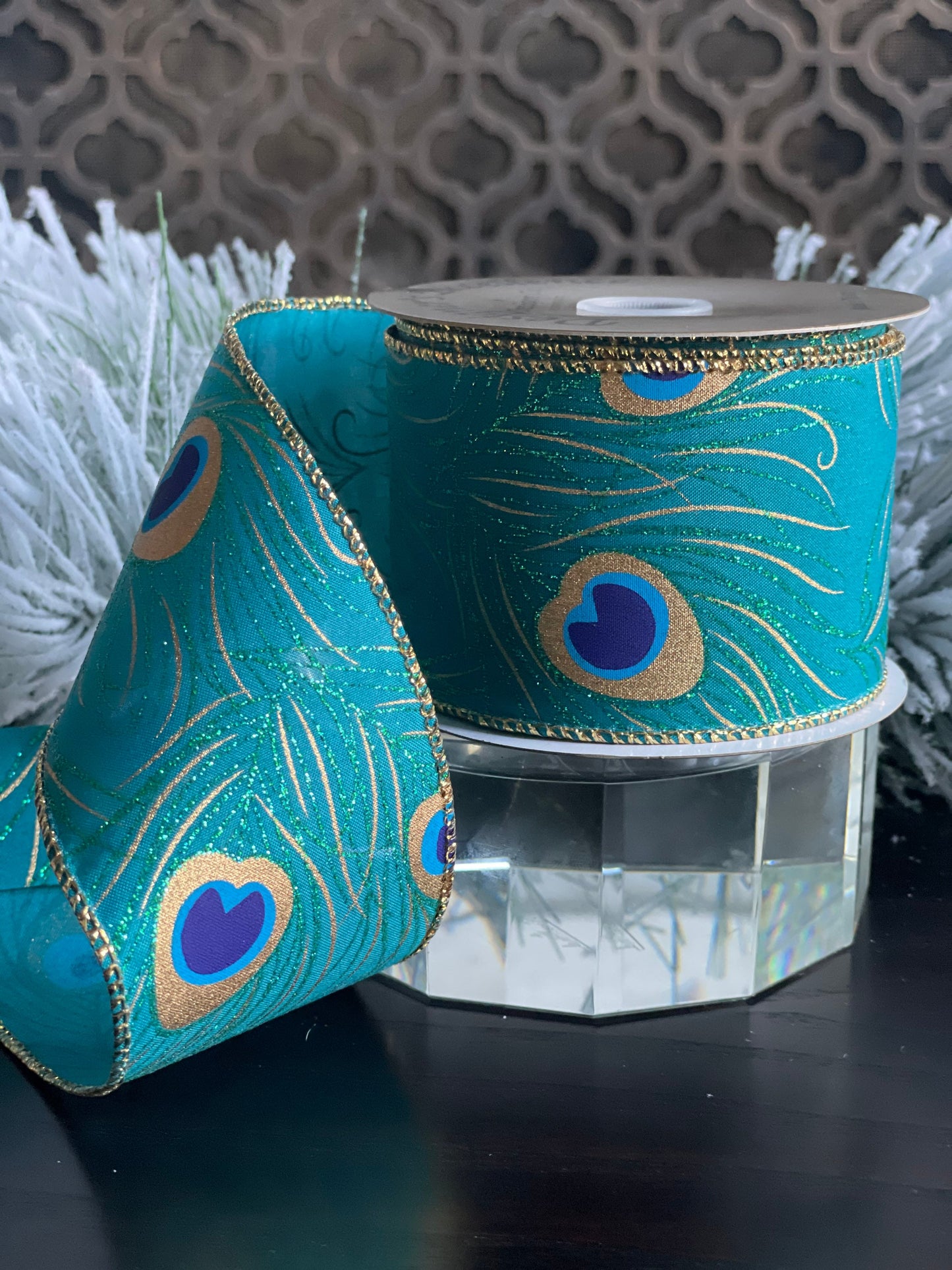 2.5"x10 yds. peacock ribbon. Wired.