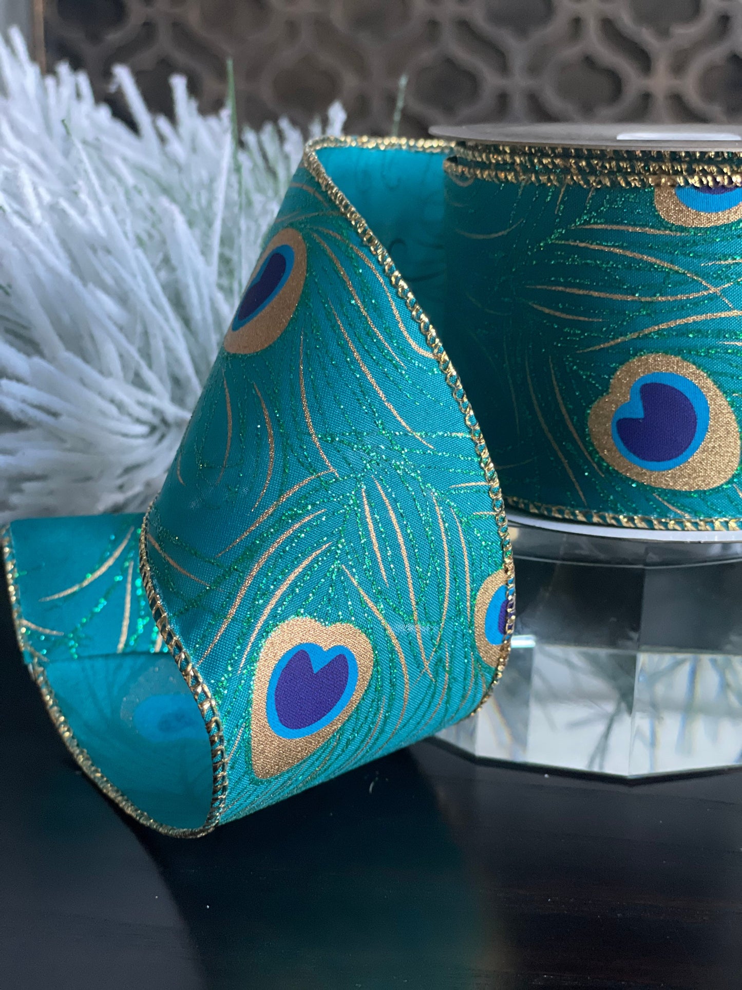 2.5"x10 yds. peacock ribbon. Wired.