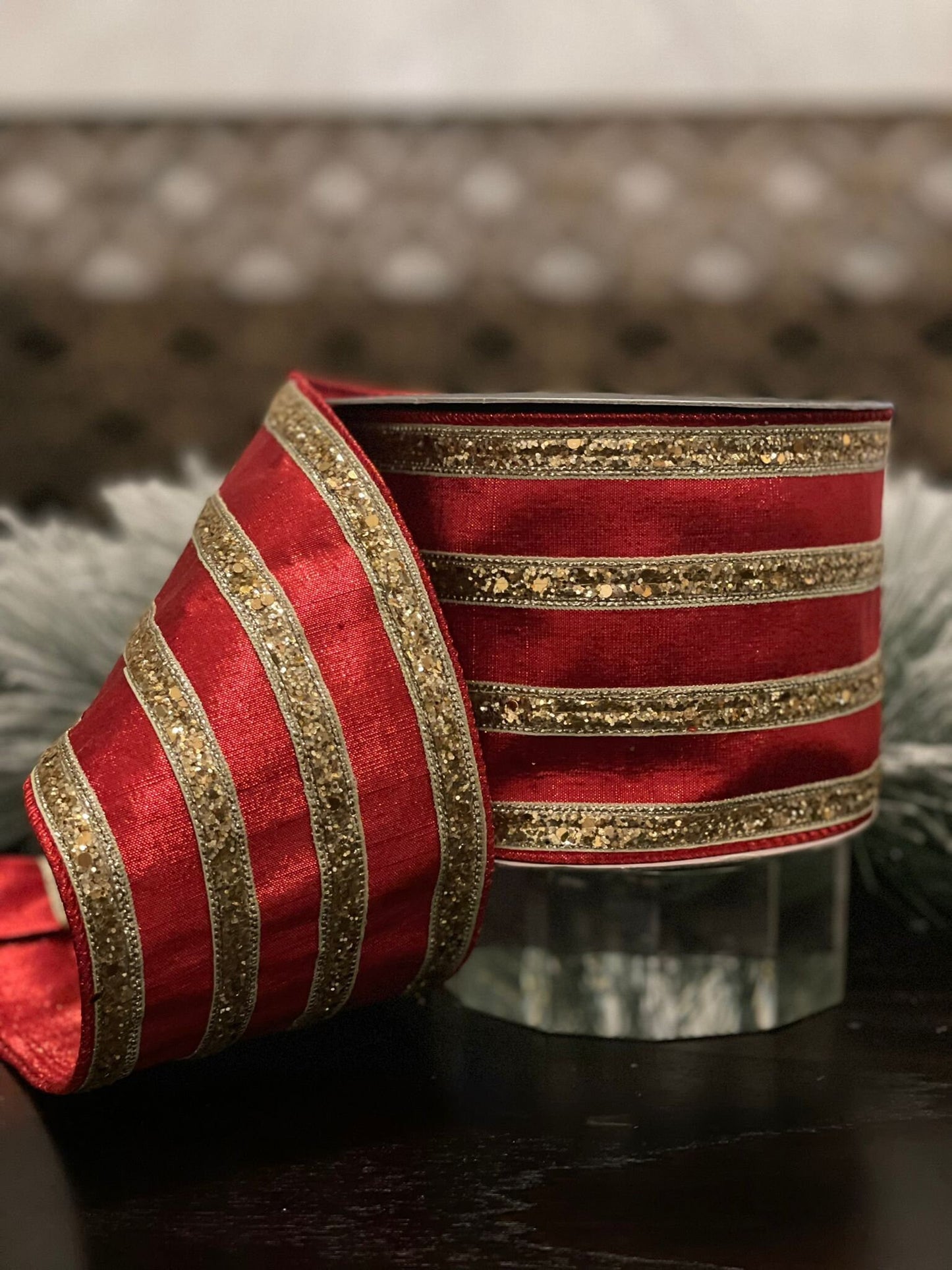 4” x10 yds. chunk glitter stripes red and gold. Farrisilk. Wired.
