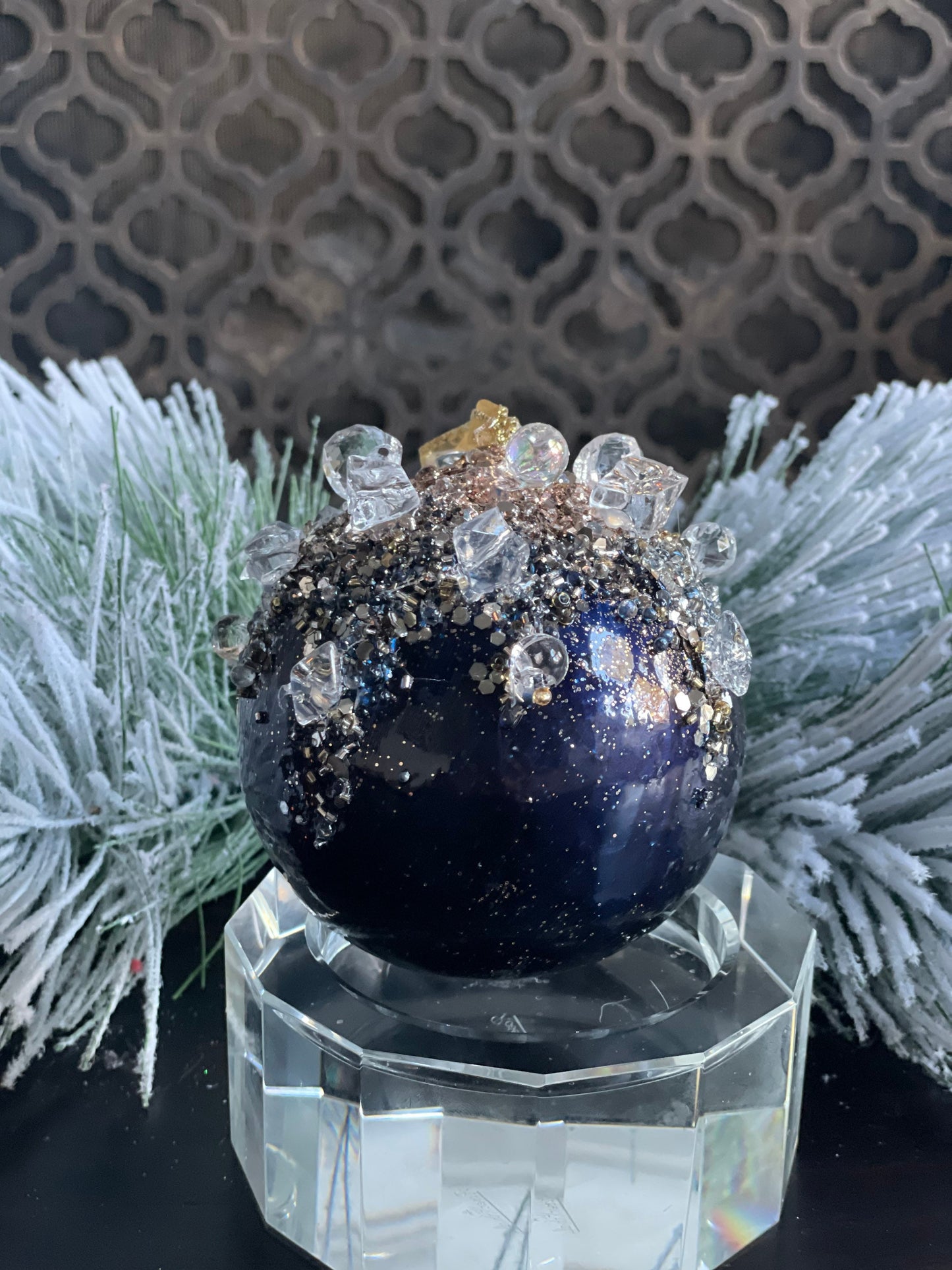 4"Heavy jeweled ball ornament. Blue/ Sapphire and gold.