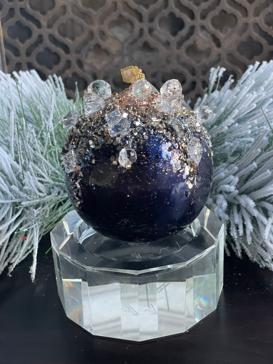 4"Heavy jeweled ball ornament. Blue/ Sapphire and gold.