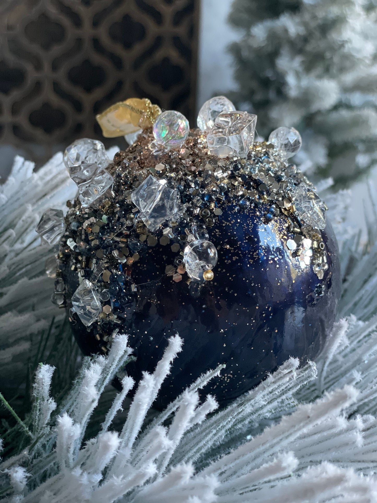 4"Heavy jeweled ball ornament. Blue/ Sapphire and gold.
