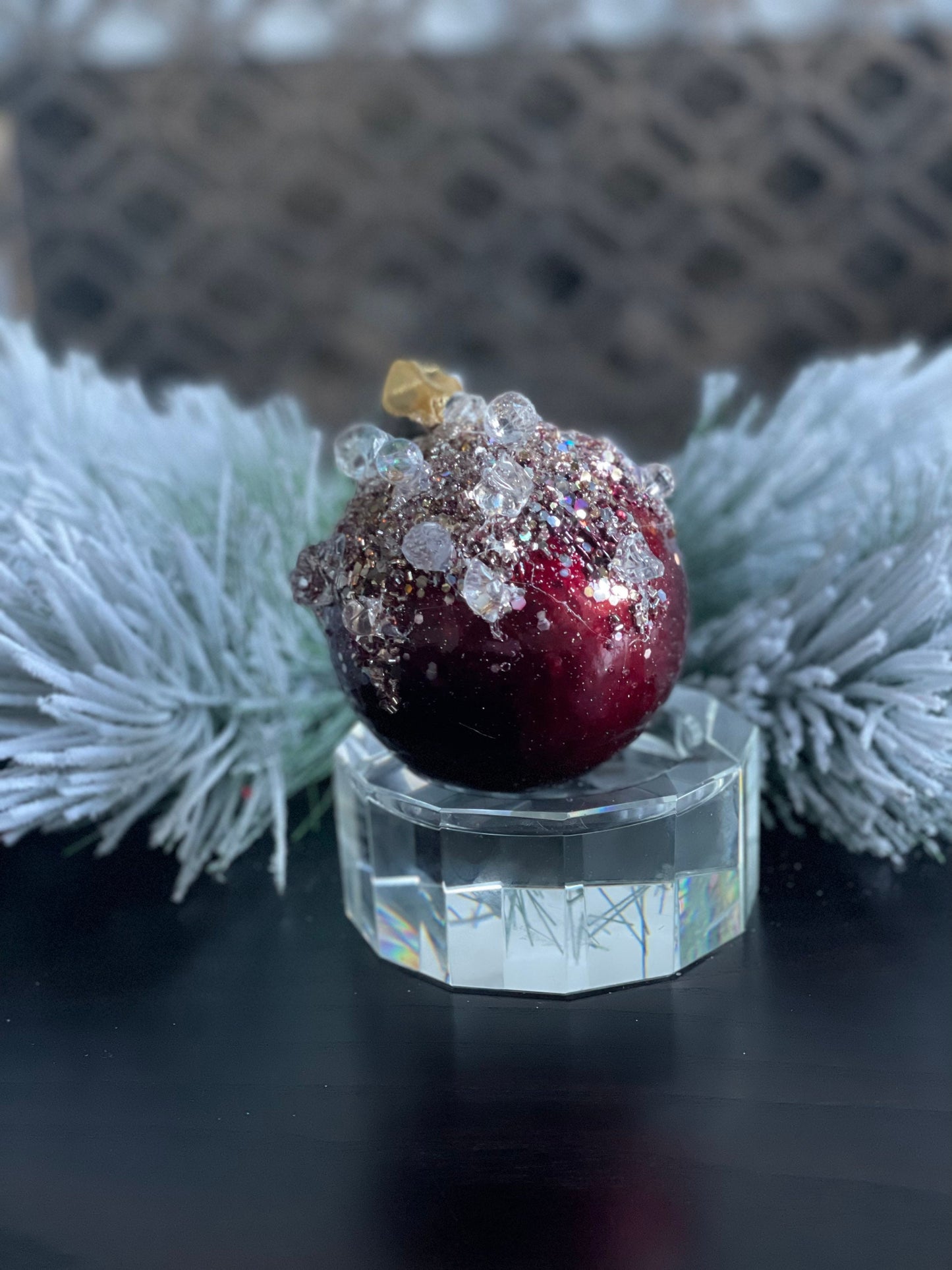 4"Heavy jeweled ball ornament. Burgundy and gold.