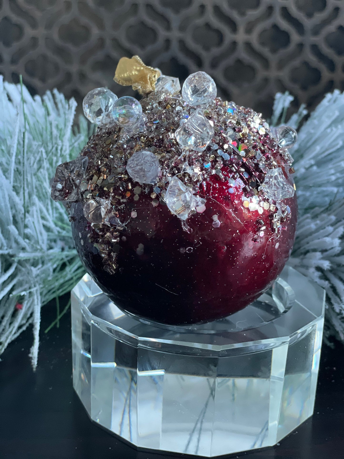 4"Heavy jeweled ball ornament. Burgundy and gold.