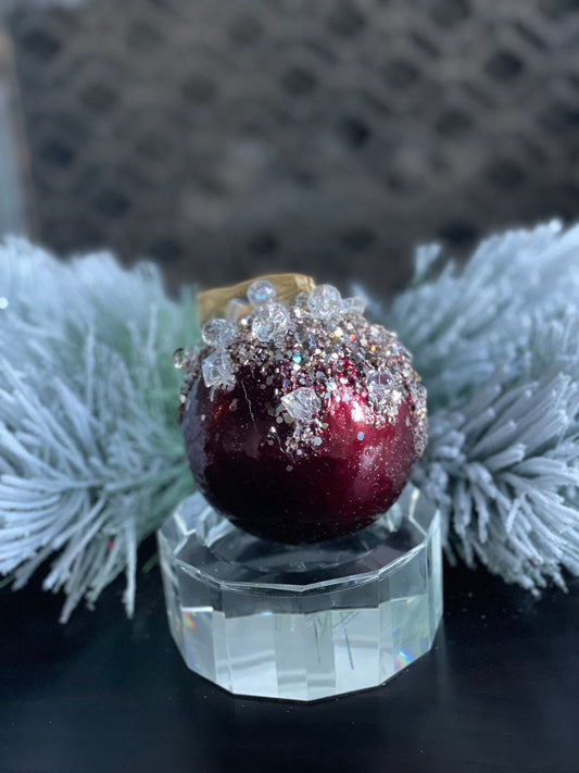 4"Heavy jeweled ball ornament. Burgundy and gold.